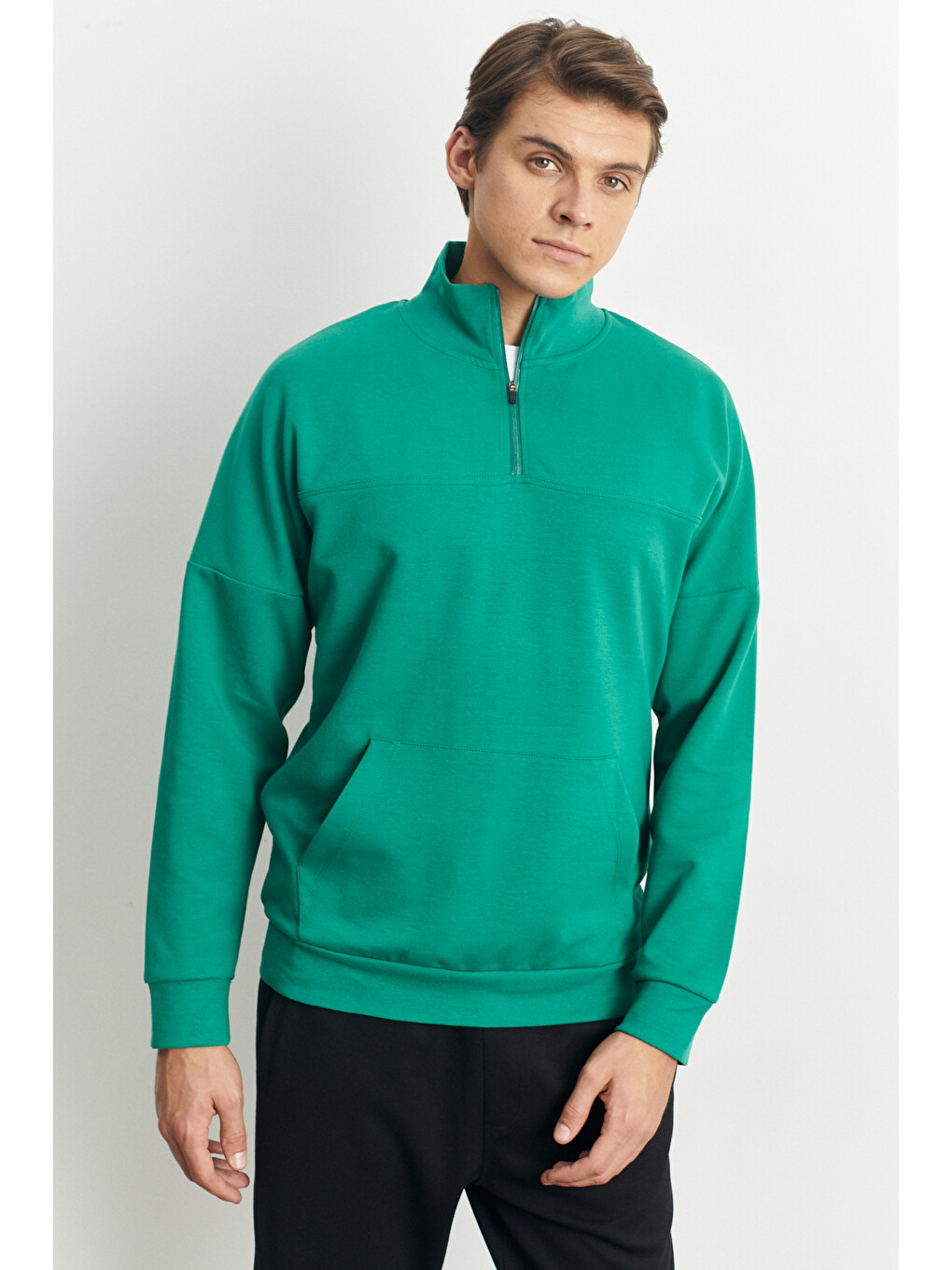 Erkek Koyu Yeşil Standart Fit Normal Kesim Bato Yaka Fermuarlı Kanguru Cepli Sweatshirt-4