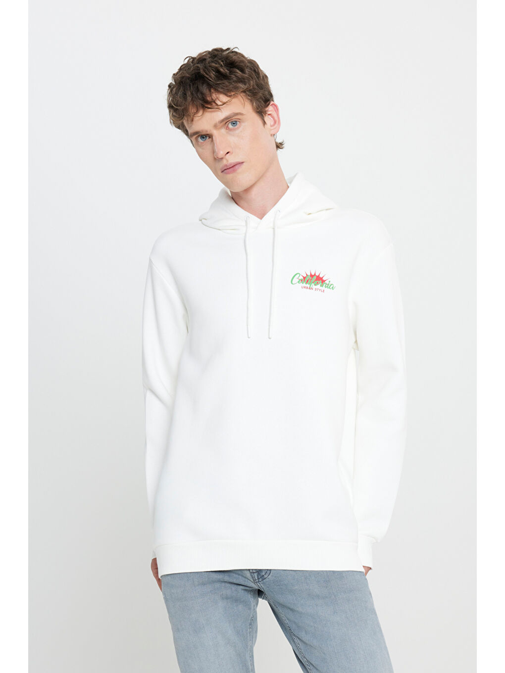 Regular Fit Kapüşonlu Şardonlu Kırık Beyaz Sweatshirt-1