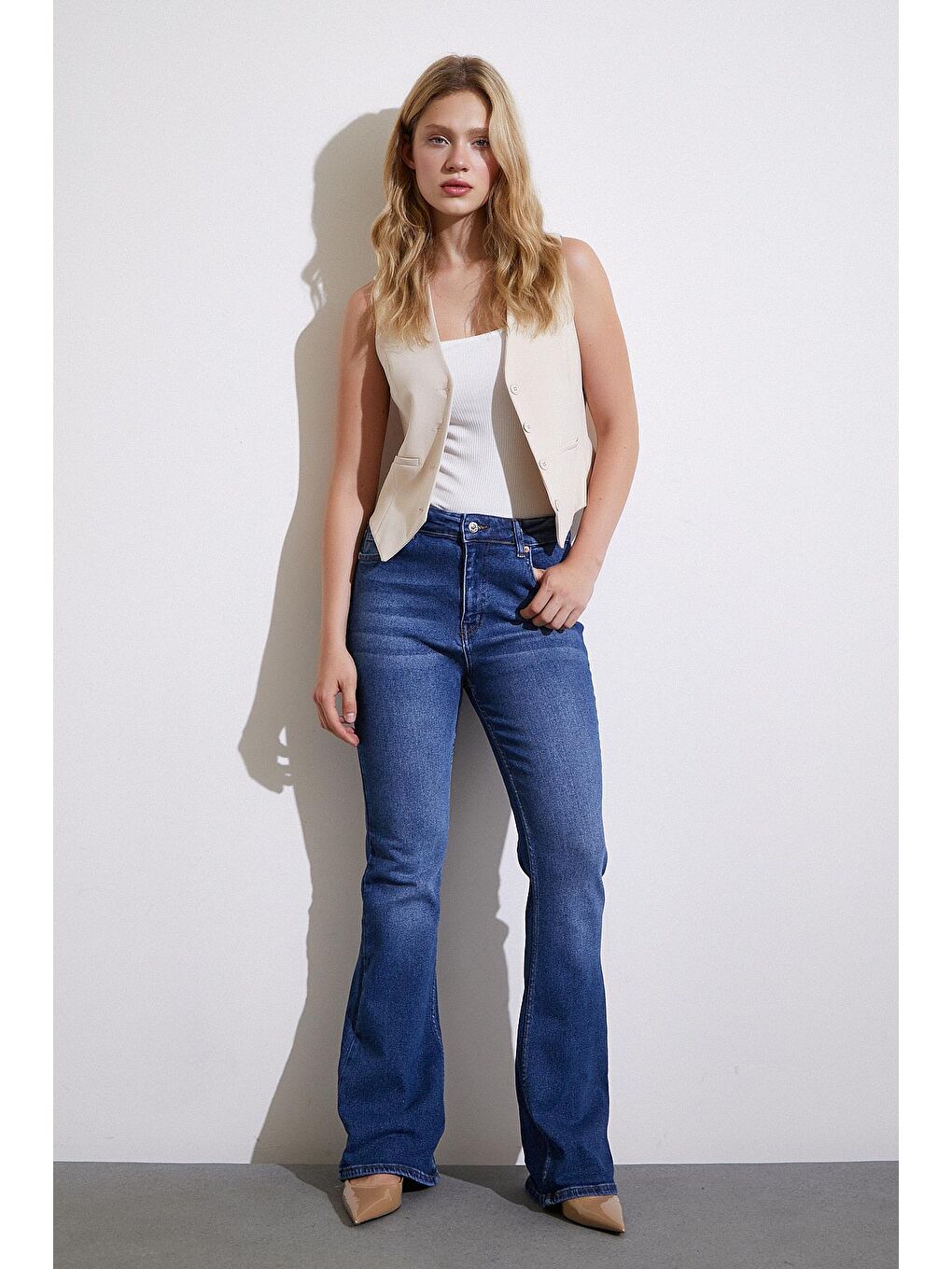 Lacivert Yüksek Bel İspanyol Paça Jean-2