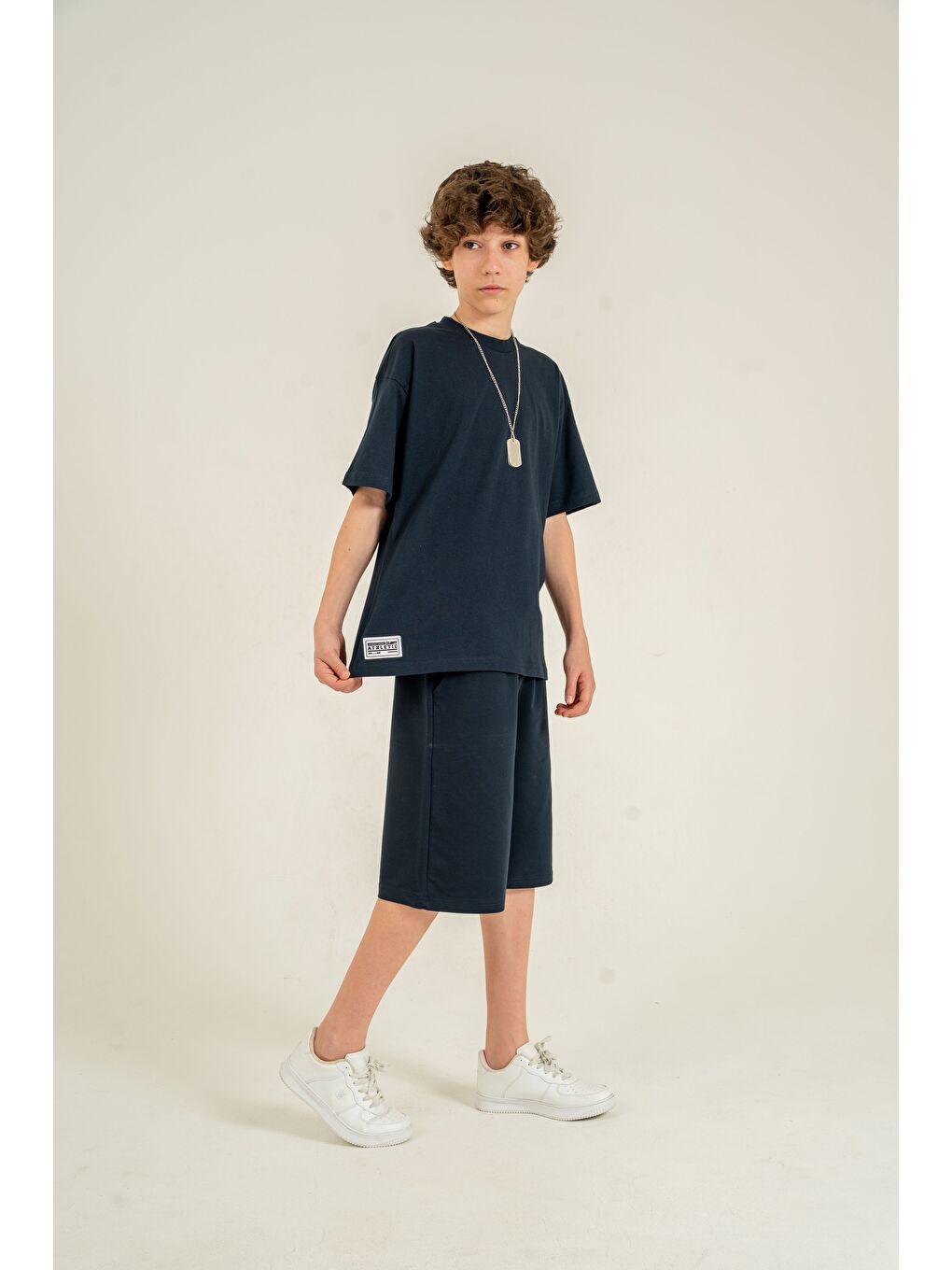 Lacivert Athletic Arma Nakışlı Kolyeli Erkek Çocuk Şort - Tişört Takımı-1