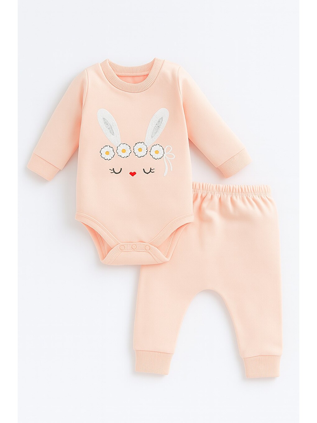 Pembe Kız Bebek Kapüşonlu Tavşan Kulaklı Çizgili Tavşan Baskılı 3 Parça Zıbınlı Şirin Kız Bebek Takım-2