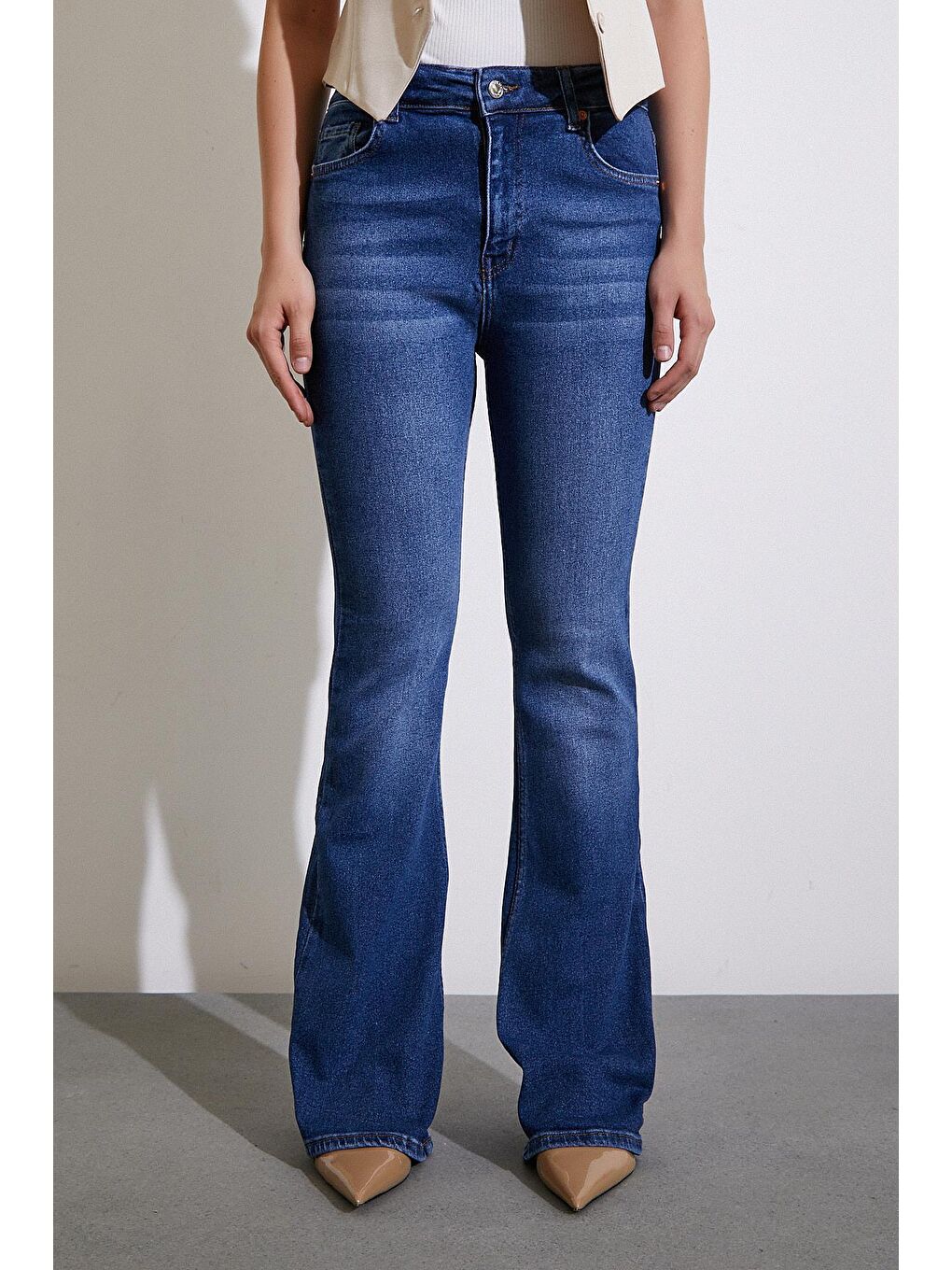 Lacivert Yüksek Bel İspanyol Paça Jean-3