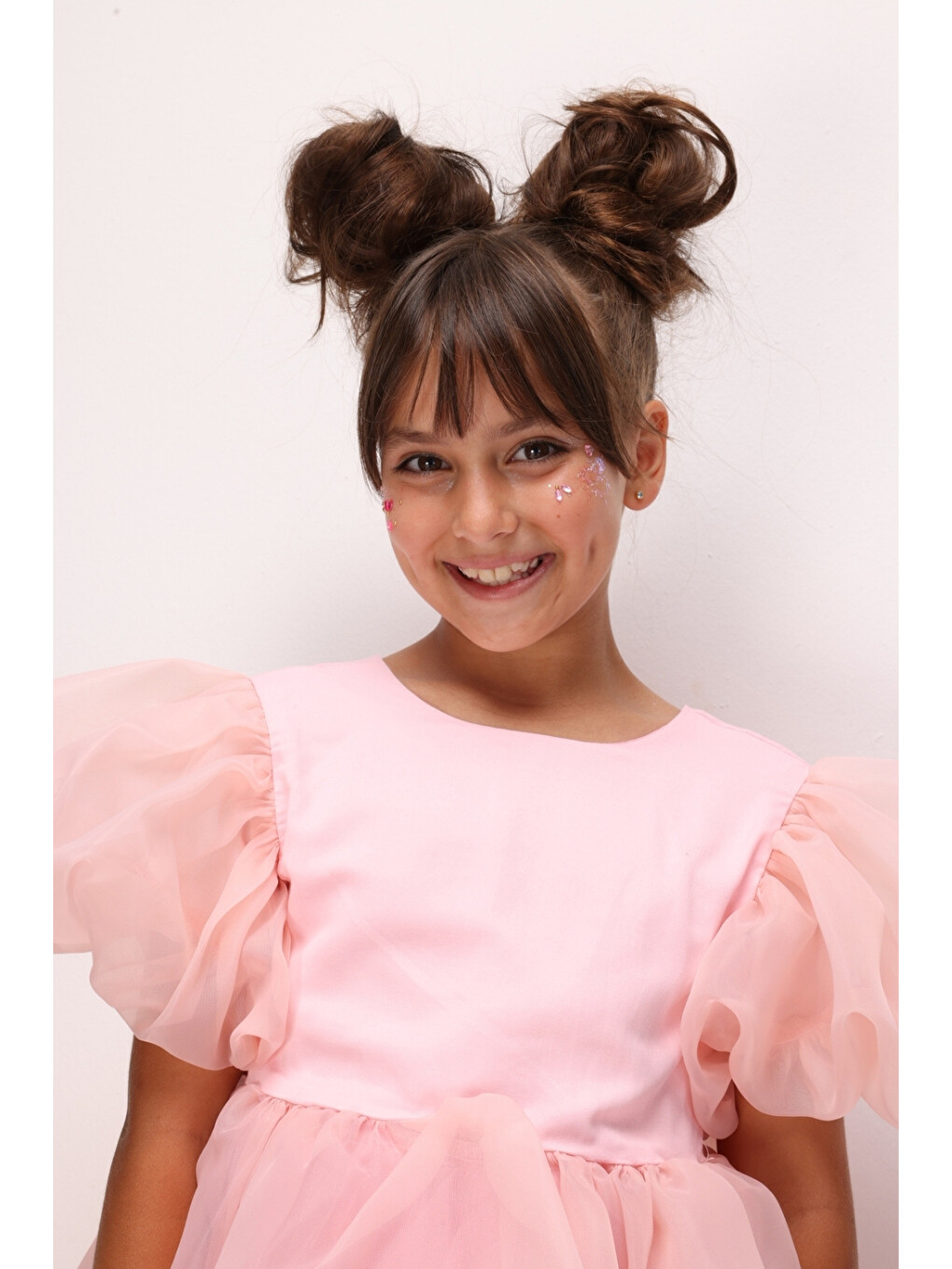 Pembe Balon Kollu Kız Çocuk Saten Elbise - Dona-3