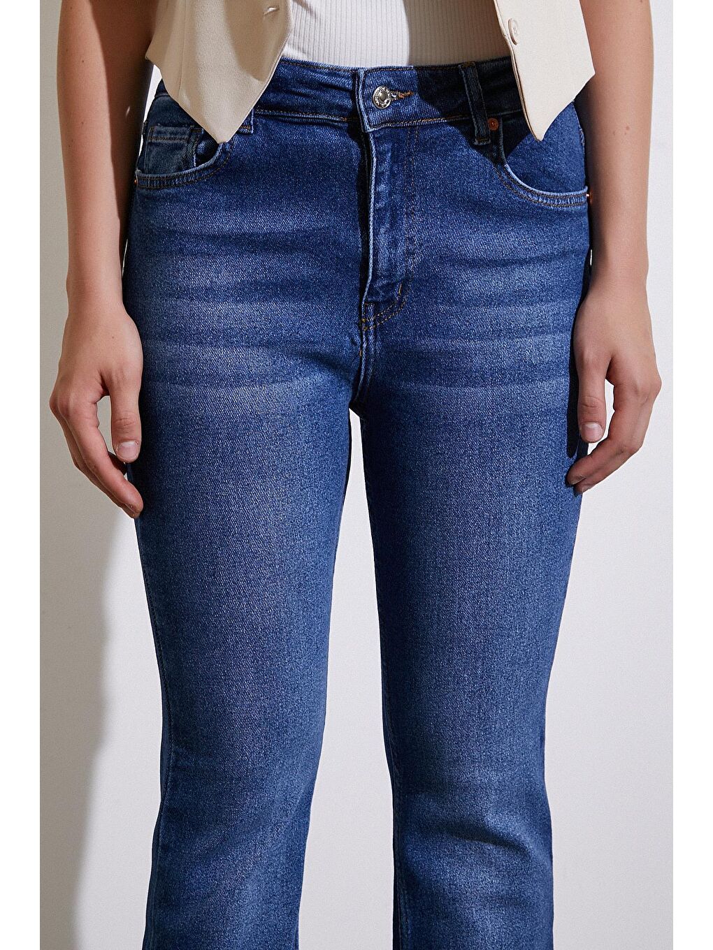 Lacivert Yüksek Bel İspanyol Paça Jean-4