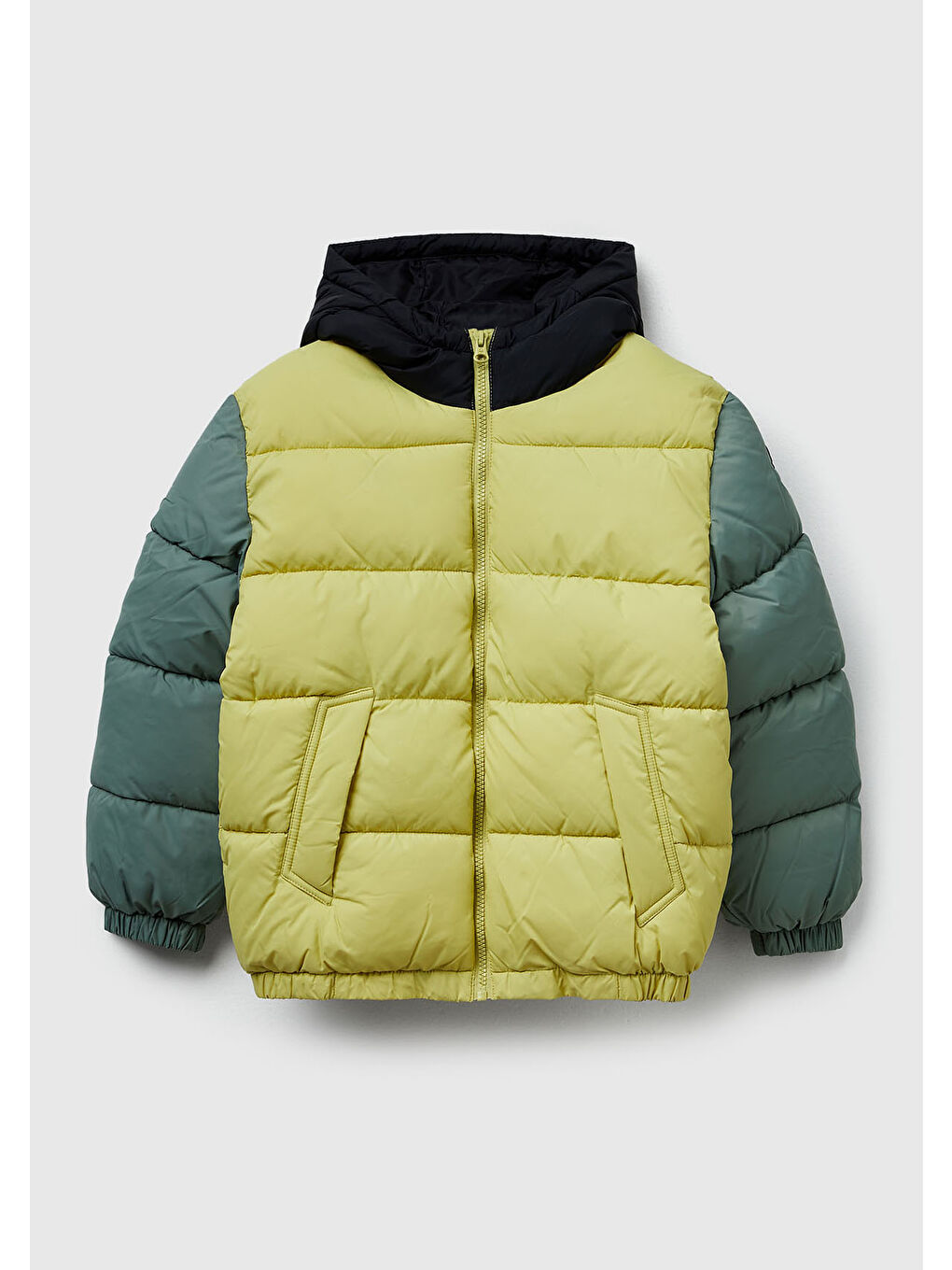 Erkek Çocuk Sarı Logo Detaylı Fermuarlı Kapüşonlu Dolgulu Mont