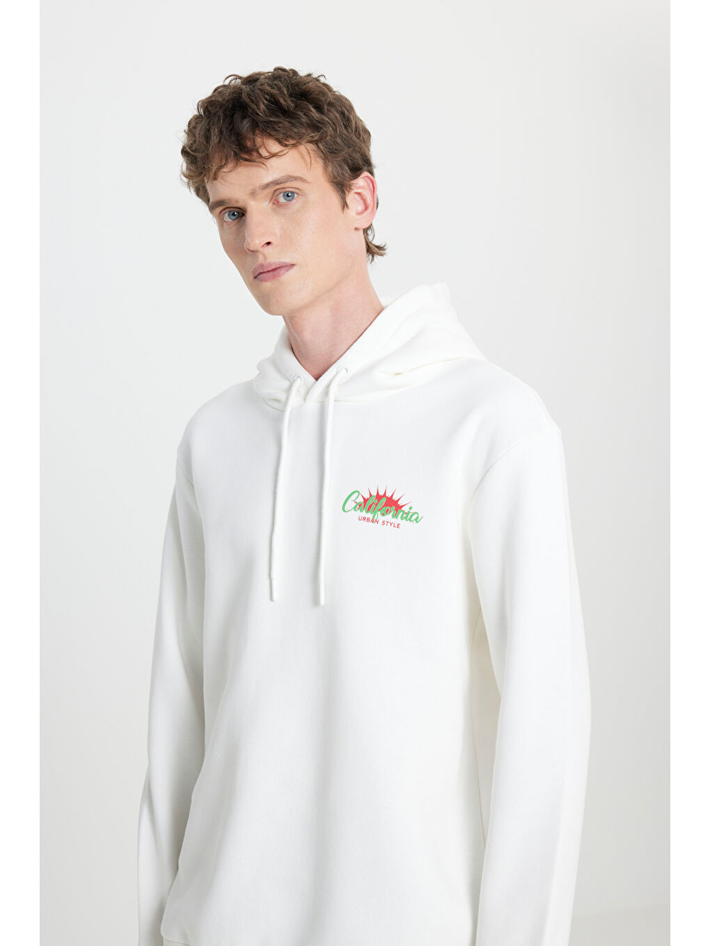 Regular Fit Kapüşonlu Şardonlu Kırık Beyaz Sweatshirt-4