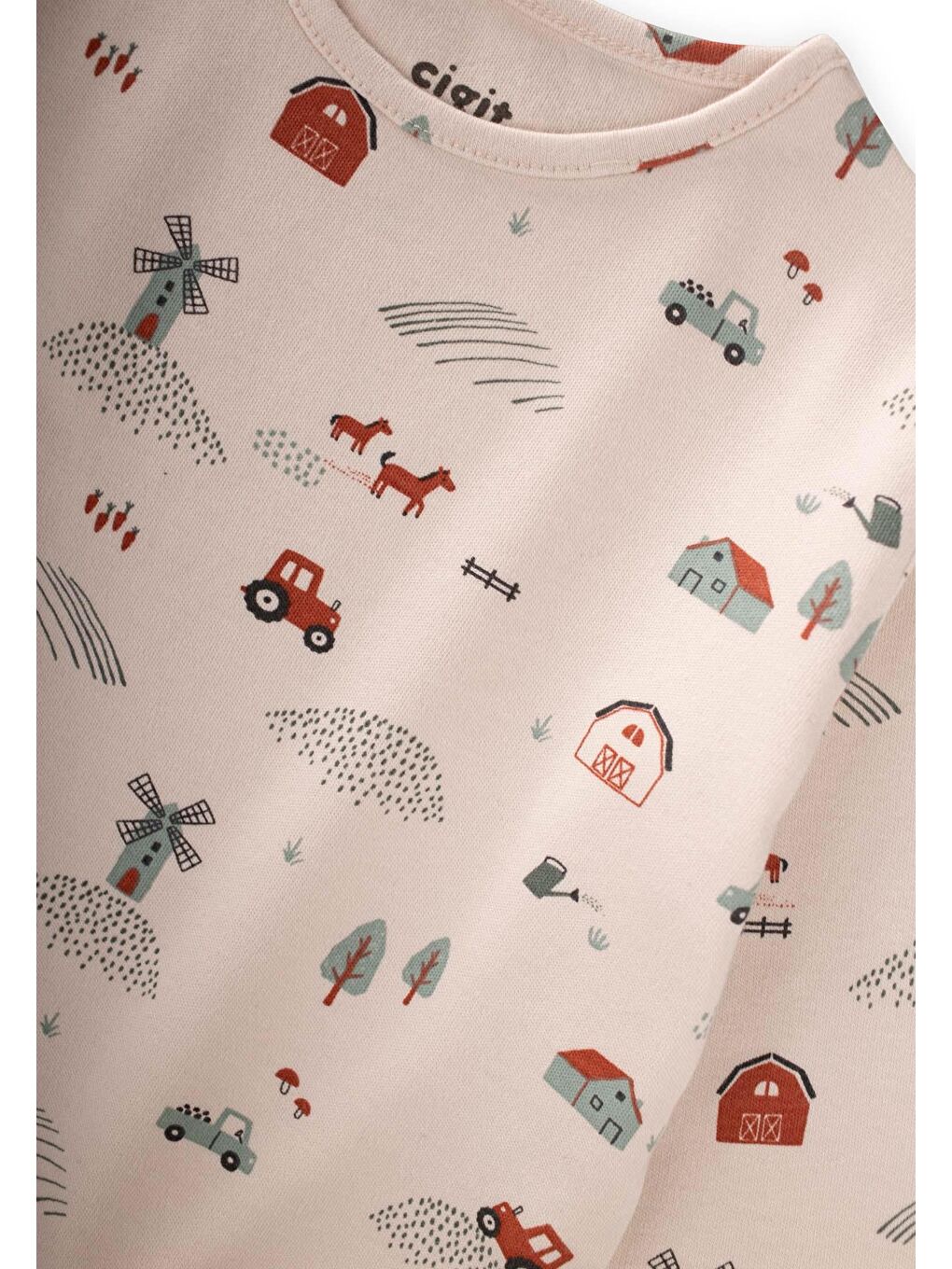 Ekru Desenli Mevsimlik Pijama Takım 1-7 Yaş Çiftlik Desen-2