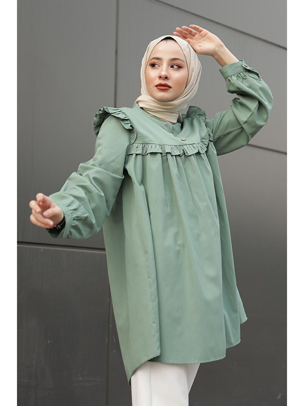 Hakim Yaka Önü Pileli Tunik Çağla Yeşili-1