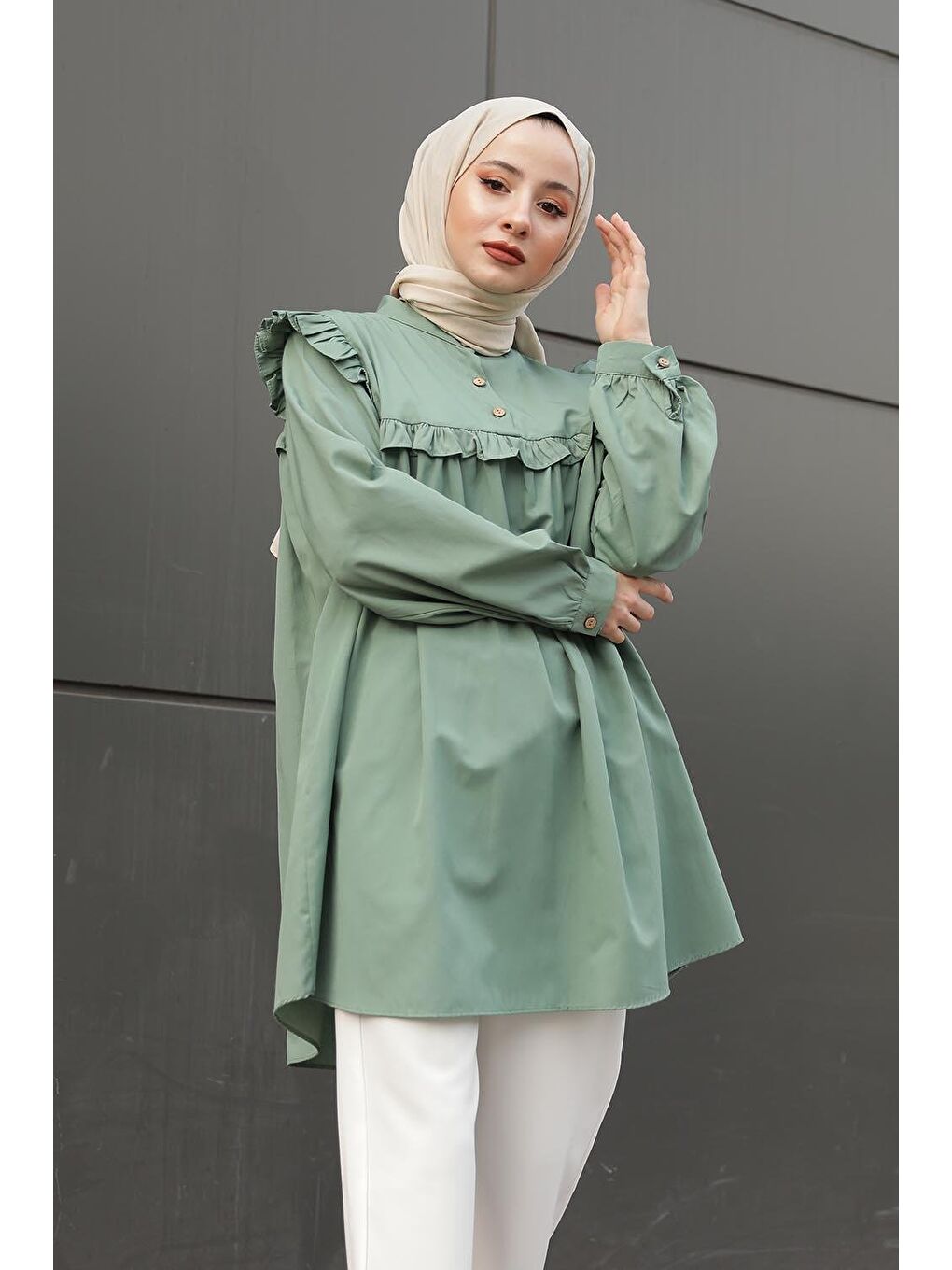 Hakim Yaka Önü Pileli Tunik Çağla Yeşili-2
