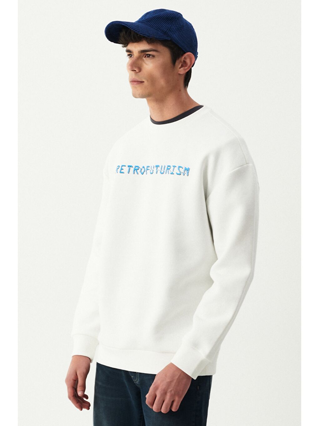 Oversize Fit Bisiklet Yaka Şardonlu Ekru Sweatshirt-2