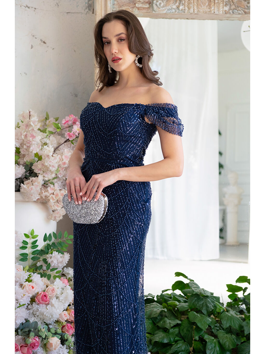 Kadın Lacivert Kayık Yaka Boncuklu Uzun Abiye Elbise-2