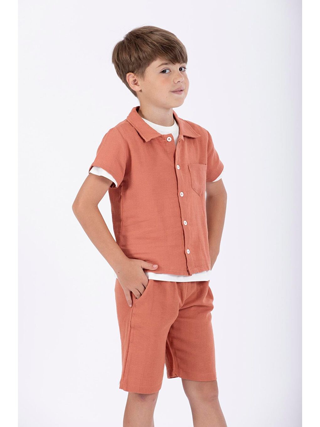 Kahverengi Gömlek Yaka Kısa Kol Kiremit Renk Erkek Çocuk Şortlu Takım-1