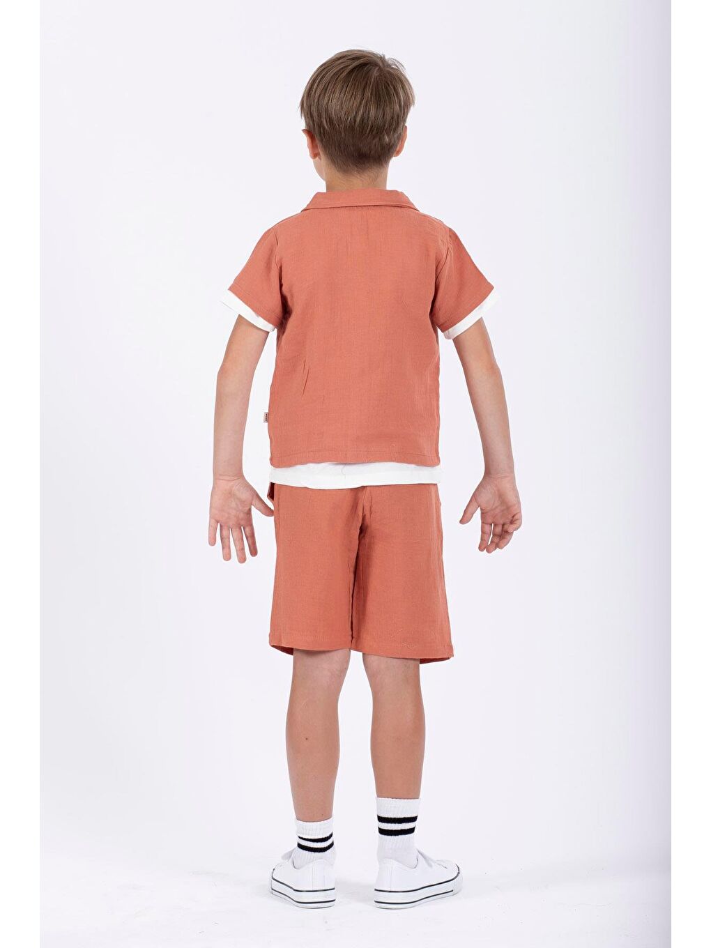 Kahverengi Gömlek Yaka Kısa Kol Kiremit Renk Erkek Çocuk Şortlu Takım-3