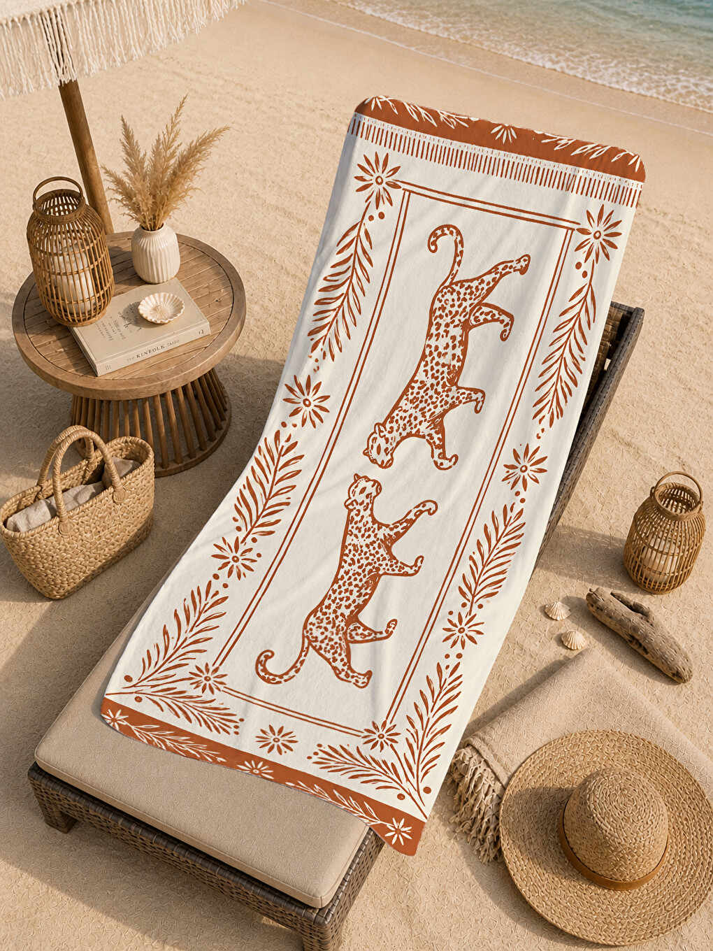 Kahverengi Vintage Terracotta Leopar Desenli 70x150 Plaj Havlusu - Dijital Baskılı Solmaz Banyo Havlusu-3