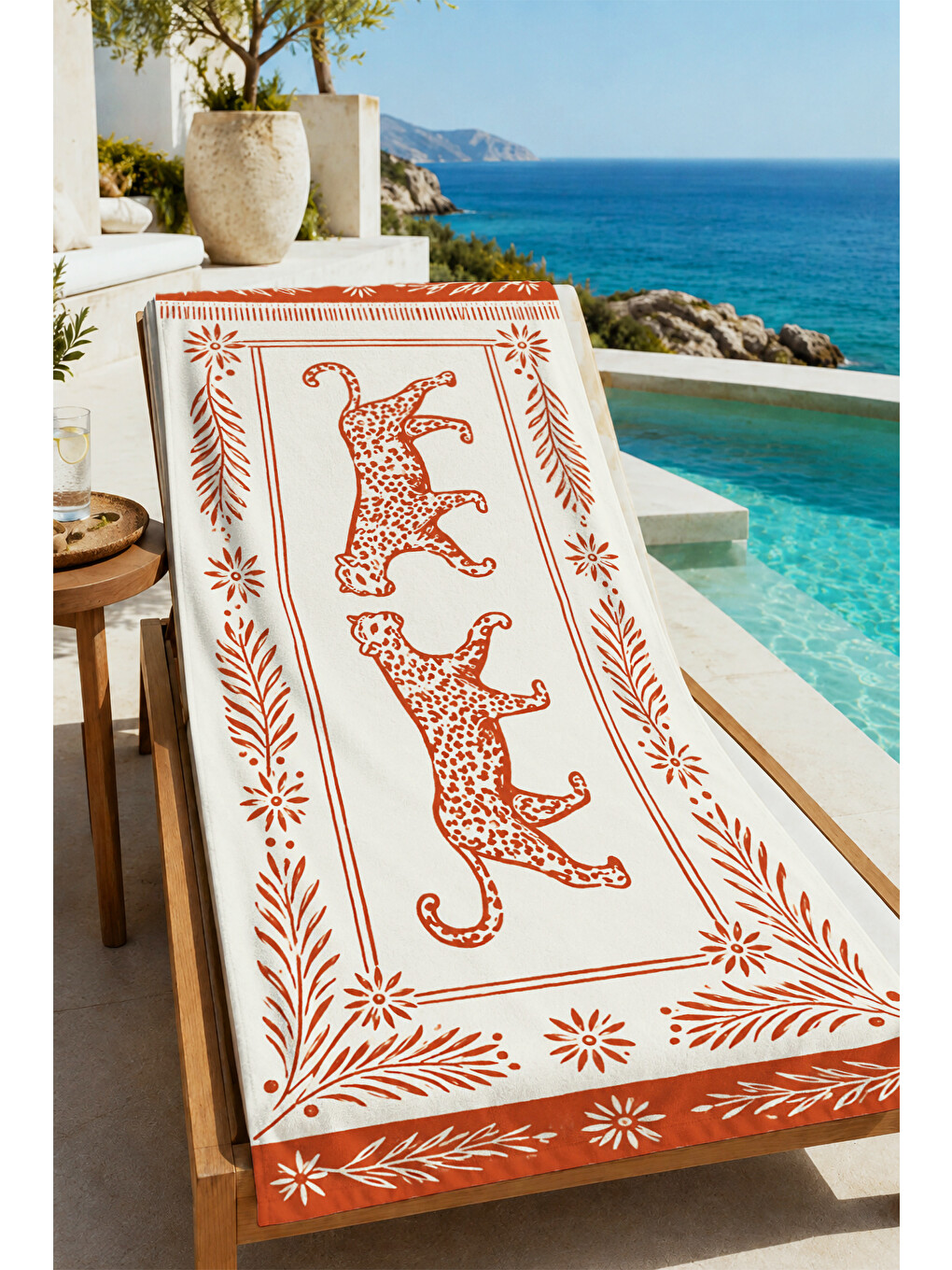 Kahverengi Vintage Terracotta Leopar Desenli 70x150 Plaj Havlusu - Dijital Baskılı Solmaz Banyo Havlusu-4