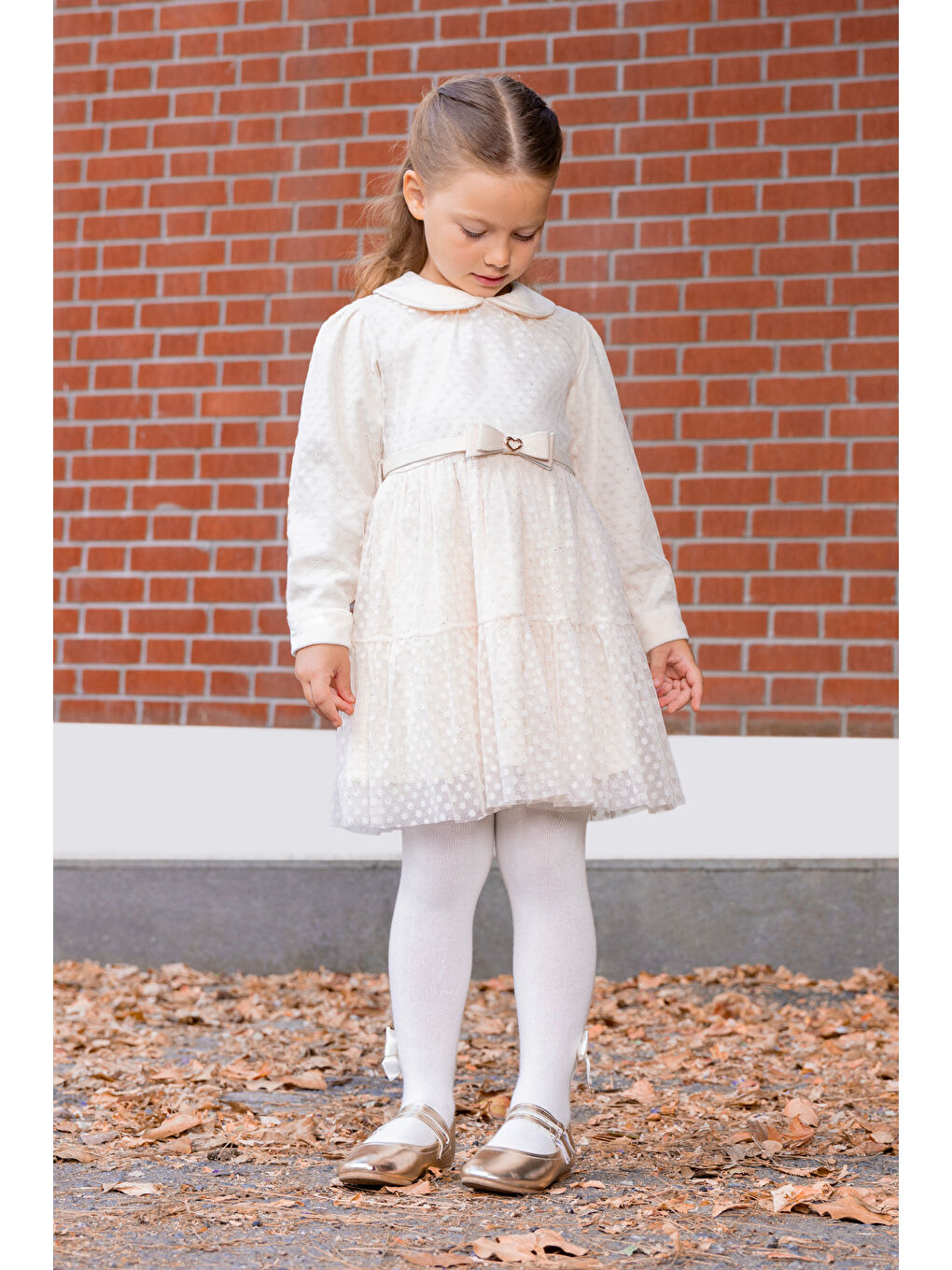 Ekru Çiçek Flok Sim Baskılı Yakalı Tül Elbise