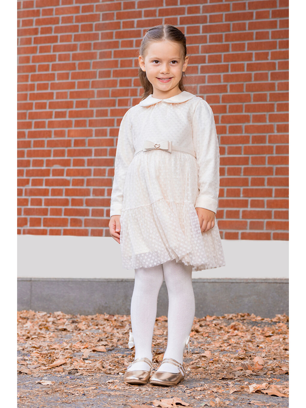 Ekru Çiçek Flok Sim Baskılı Yakalı Tül Elbise-1