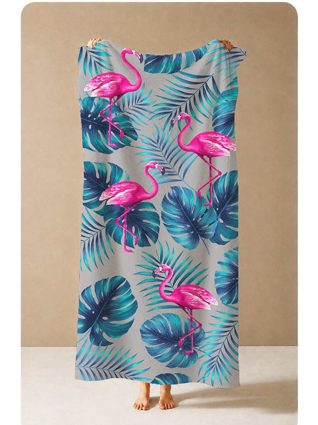 Yeşil Maximalist Flamingo Tropikal Desenli 70x150 Plaj Havlusu - Dijital Baskılı Solmaz Banyo Havlusu
