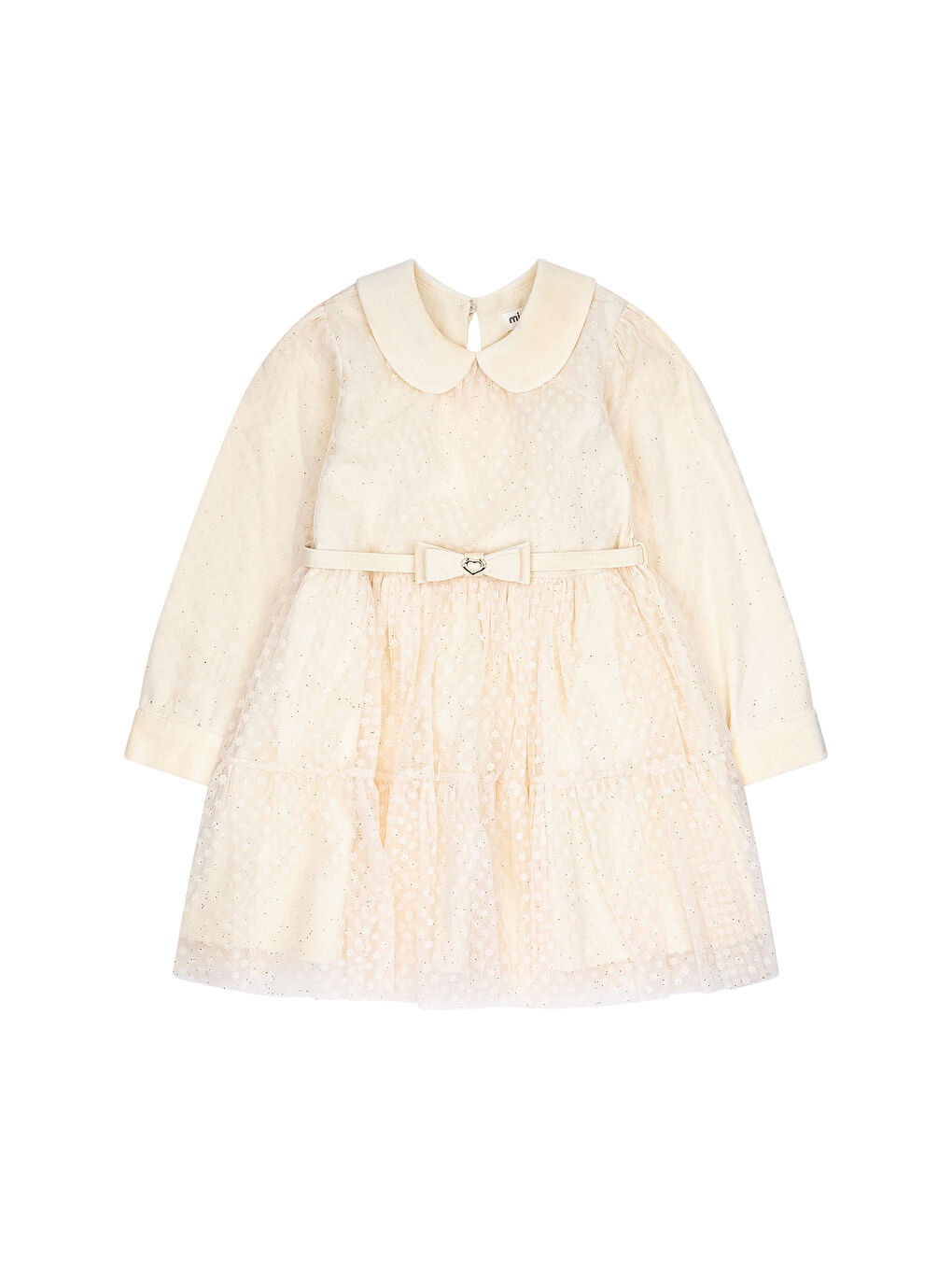 Ekru Çiçek Flok Sim Baskılı Yakalı Tül Elbise-2