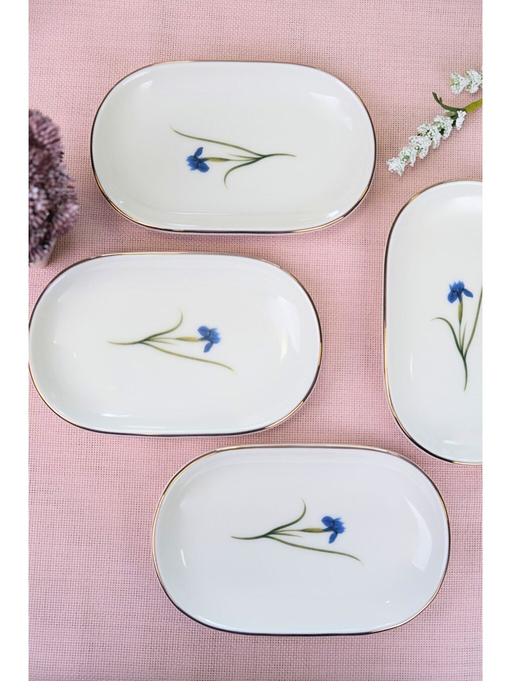 Karışık Porselen Natura İris Altın Yaldızlı Oval Kayık Tabak 22,50x14,50x2,50cm 4 LÜ-1