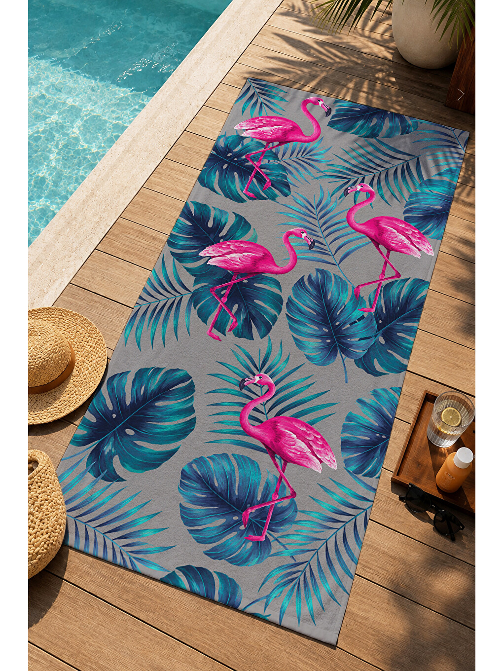 Yeşil Maximalist Flamingo Tropikal Desenli 70x150 Plaj Havlusu - Dijital Baskılı Solmaz Banyo Havlusu-1