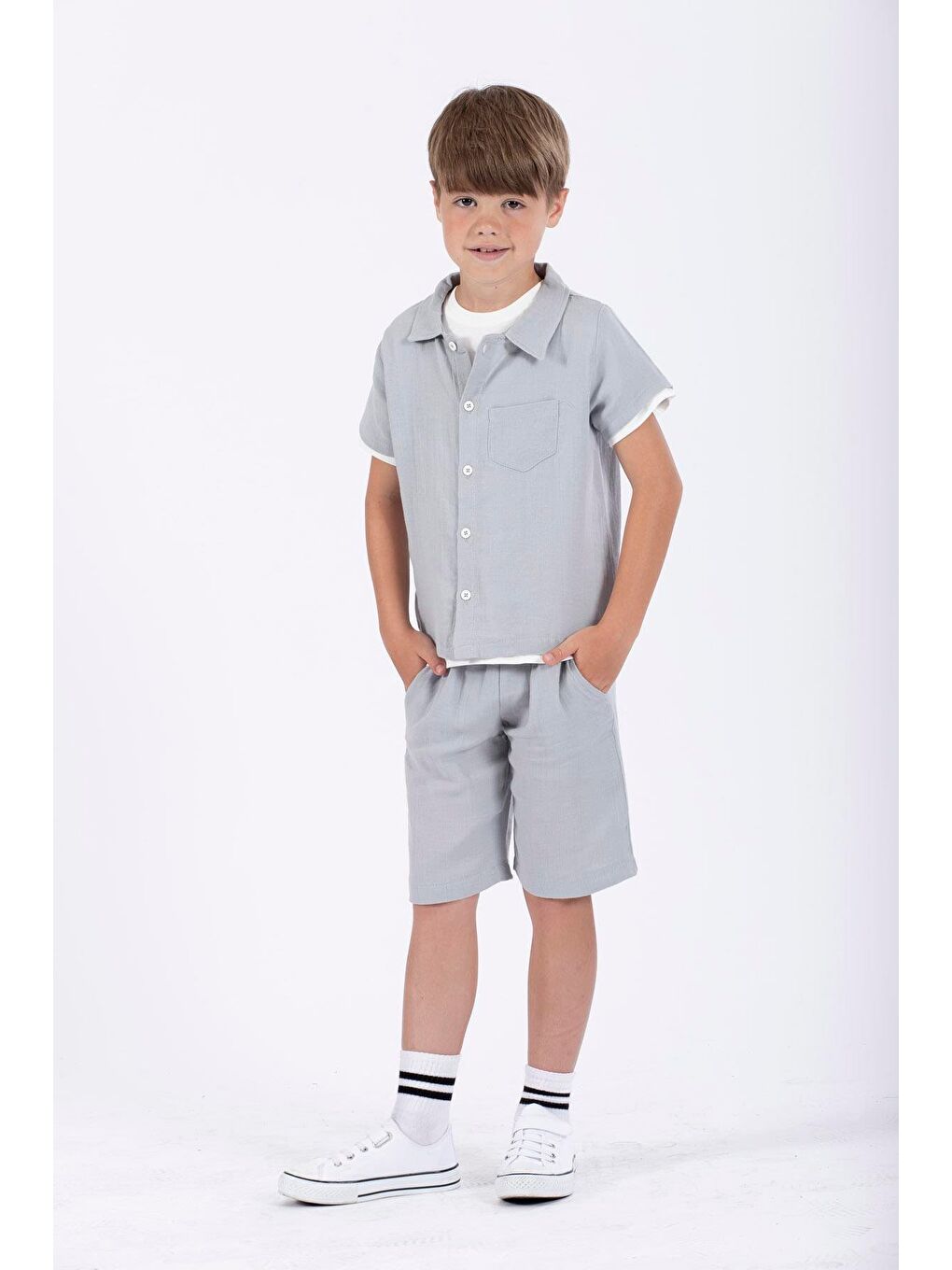Gçmlek Yaka Kısa Kol Gri Renk Erkek Çocuk Şortlu Takım