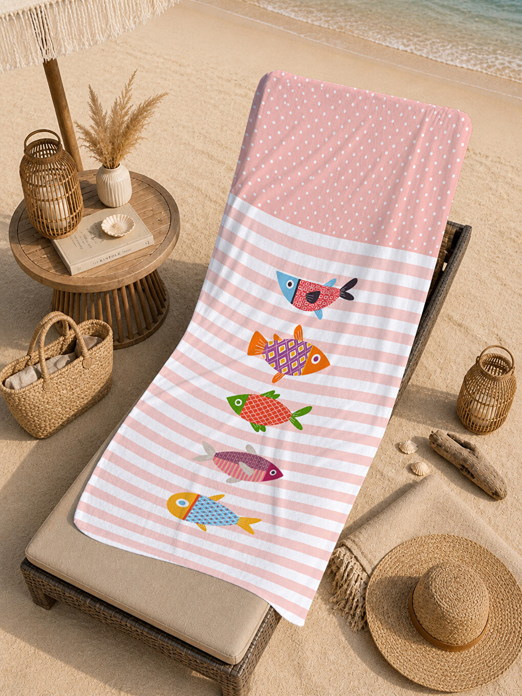 Sevimli Renkli Balıklar Pembe Çizgili Yazlık Desenli 70x150 Plaj Havlusu - Pamuklu Banyo Havlusu-3