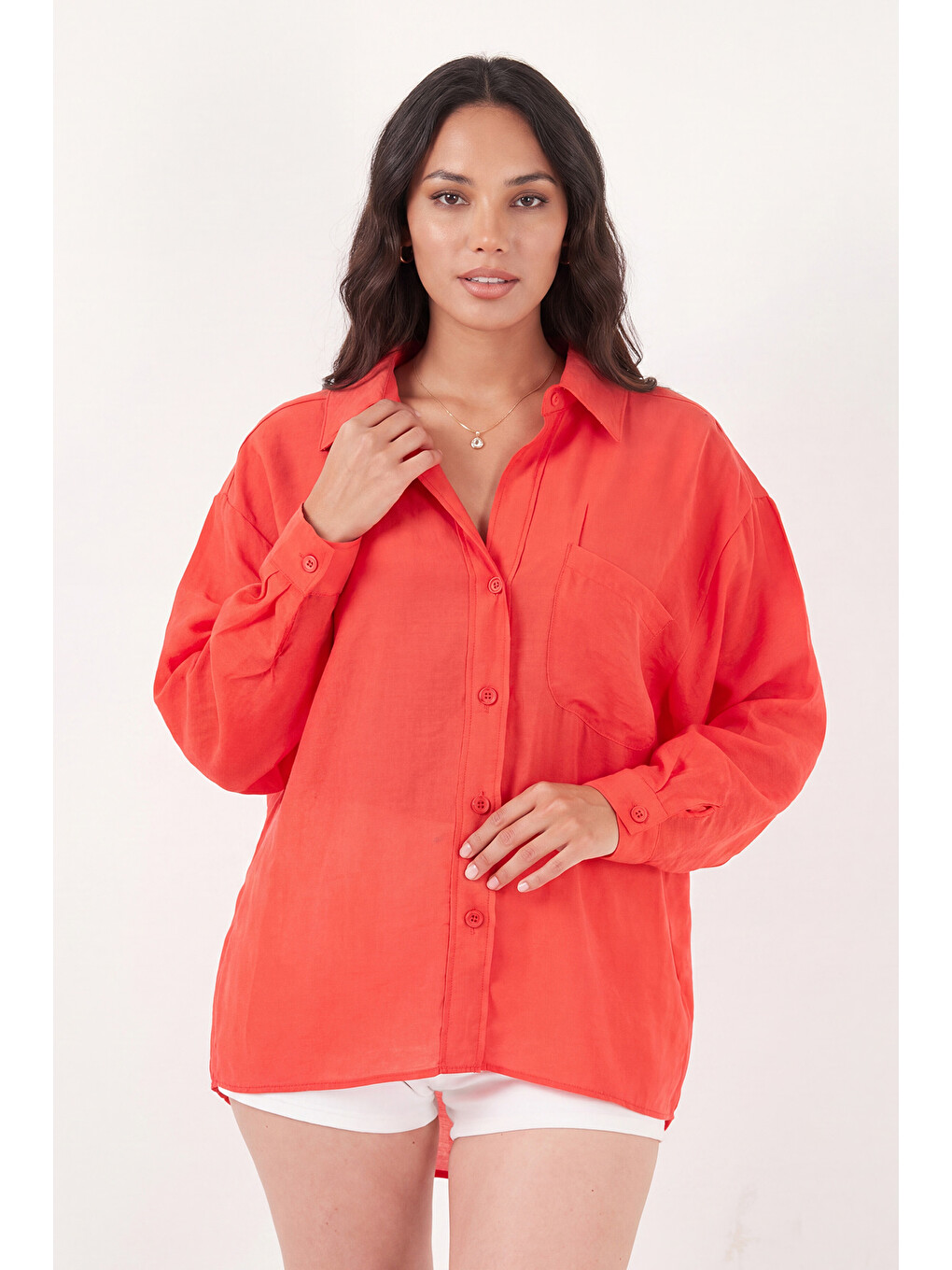 Kırmızı Modal Oversize Fit Uzun Kollu Kadın Gömlek 6834612-3