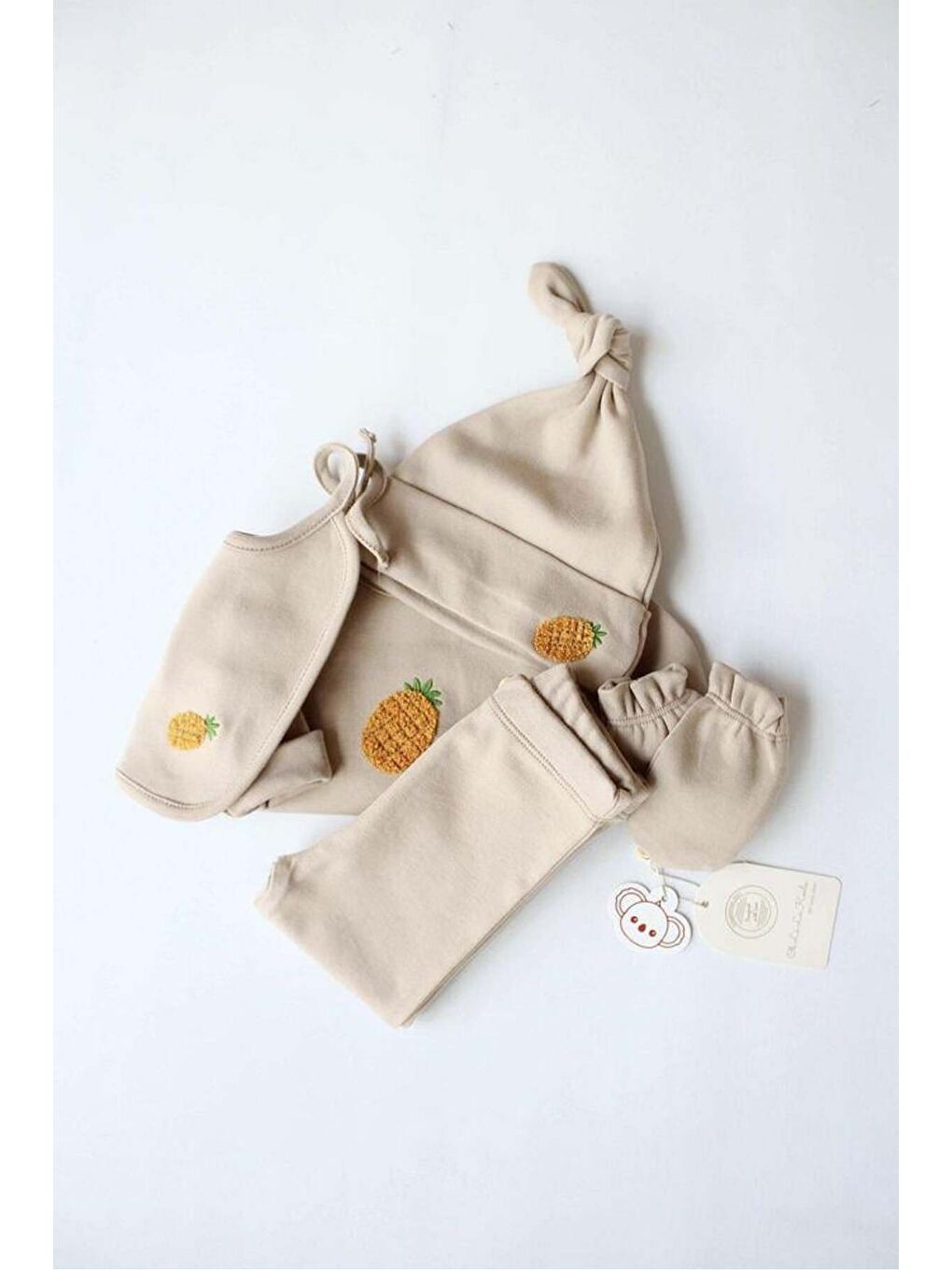 Bej Ananas Nakışlı 5li Uzun Kollu Yenidoğan Set (0-3 Ay)-5
