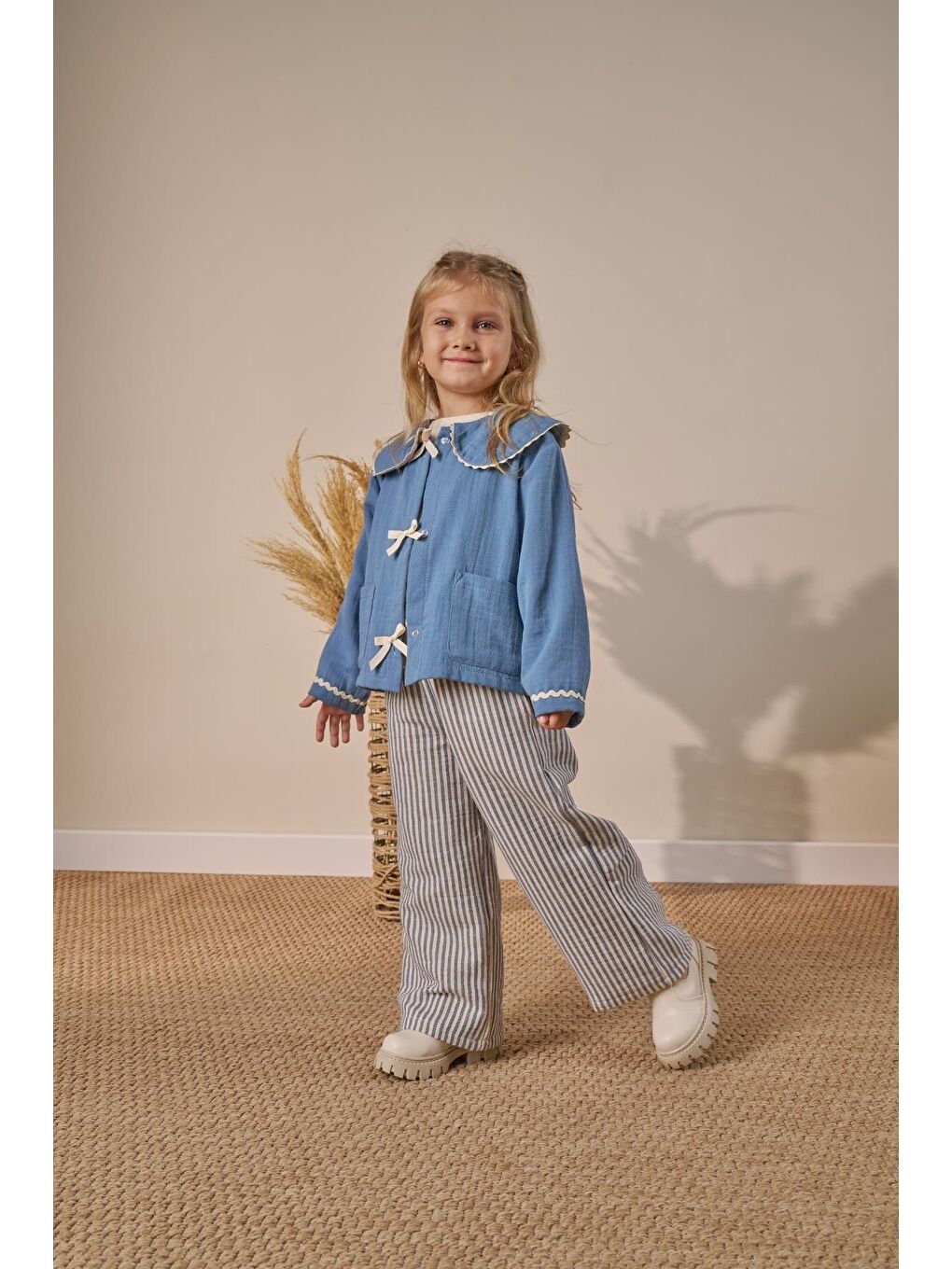 Kız Çocuk Pamuklu Mavi Denizci Yakalı Bağcıklı Ceket Çizgili Pantolon Takım - Cep Detaylı-2