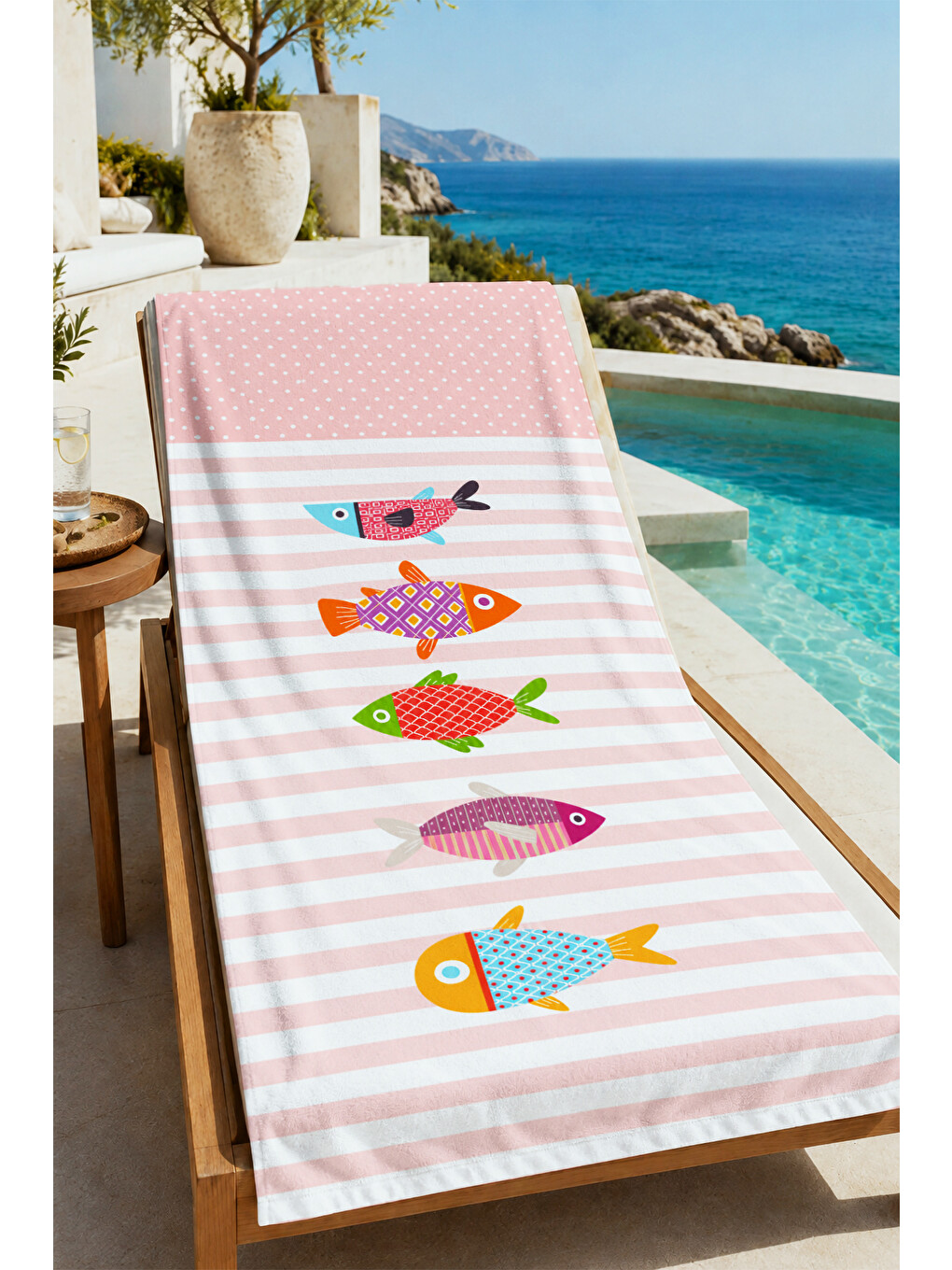 Sevimli Renkli Balıklar Pembe Çizgili Yazlık Desenli 70x150 Plaj Havlusu - Pamuklu Banyo Havlusu-4