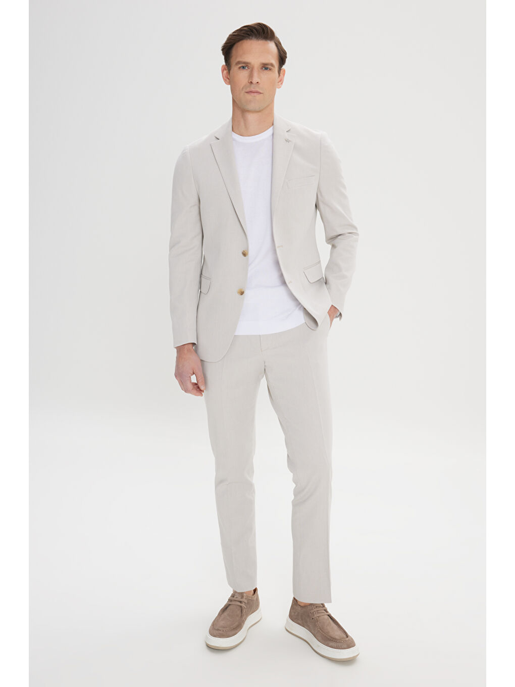 Erkek Bej Dar Kesim Mono Yaka Pamuklu Diagonal Desenli Takım Elbise