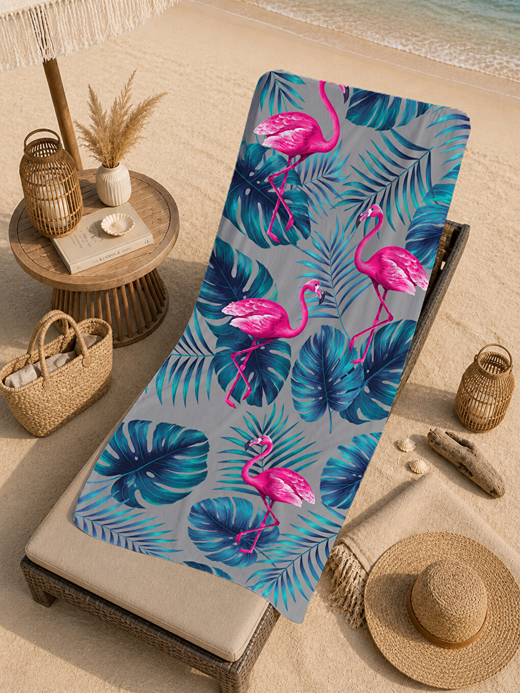 Yeşil Maximalist Flamingo Tropikal Desenli 70x150 Plaj Havlusu - Dijital Baskılı Solmaz Banyo Havlusu-3
