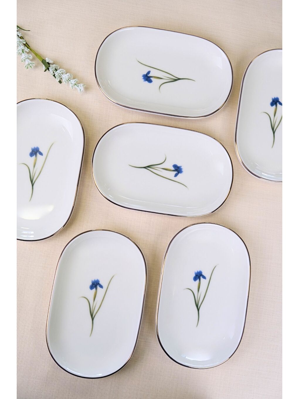 Karışık Porselen Natura İris Altın Yaldızlı Oval Kayık Tabak 22,50x14,50x2,50cm 6 LI-1