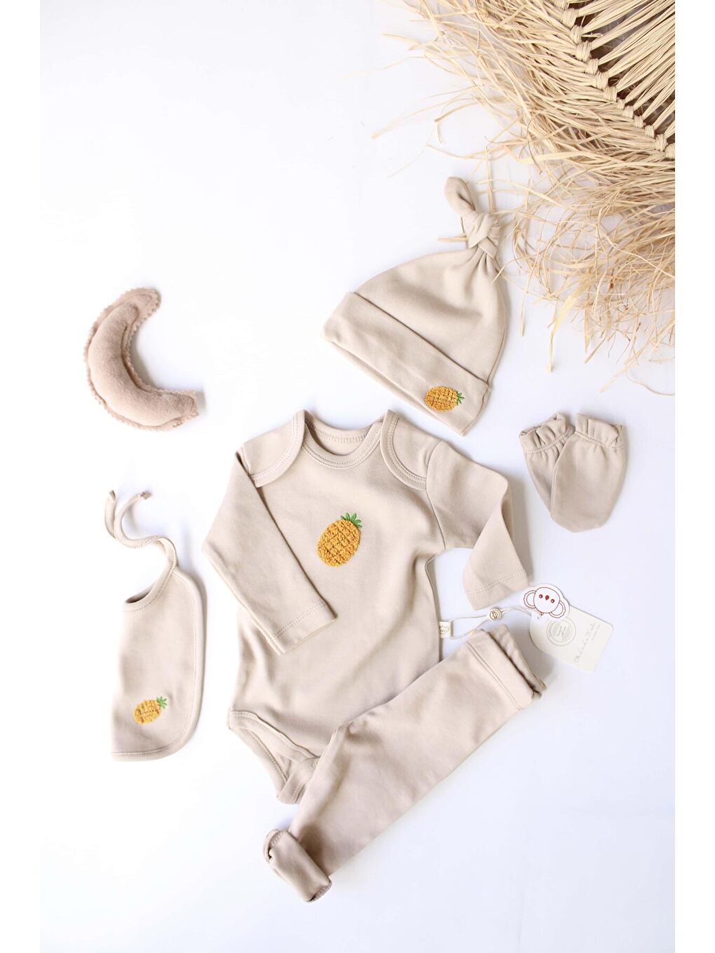 Bej Ananas Nakışlı 5li Uzun Kollu Yenidoğan Set (0-3 Ay)-6