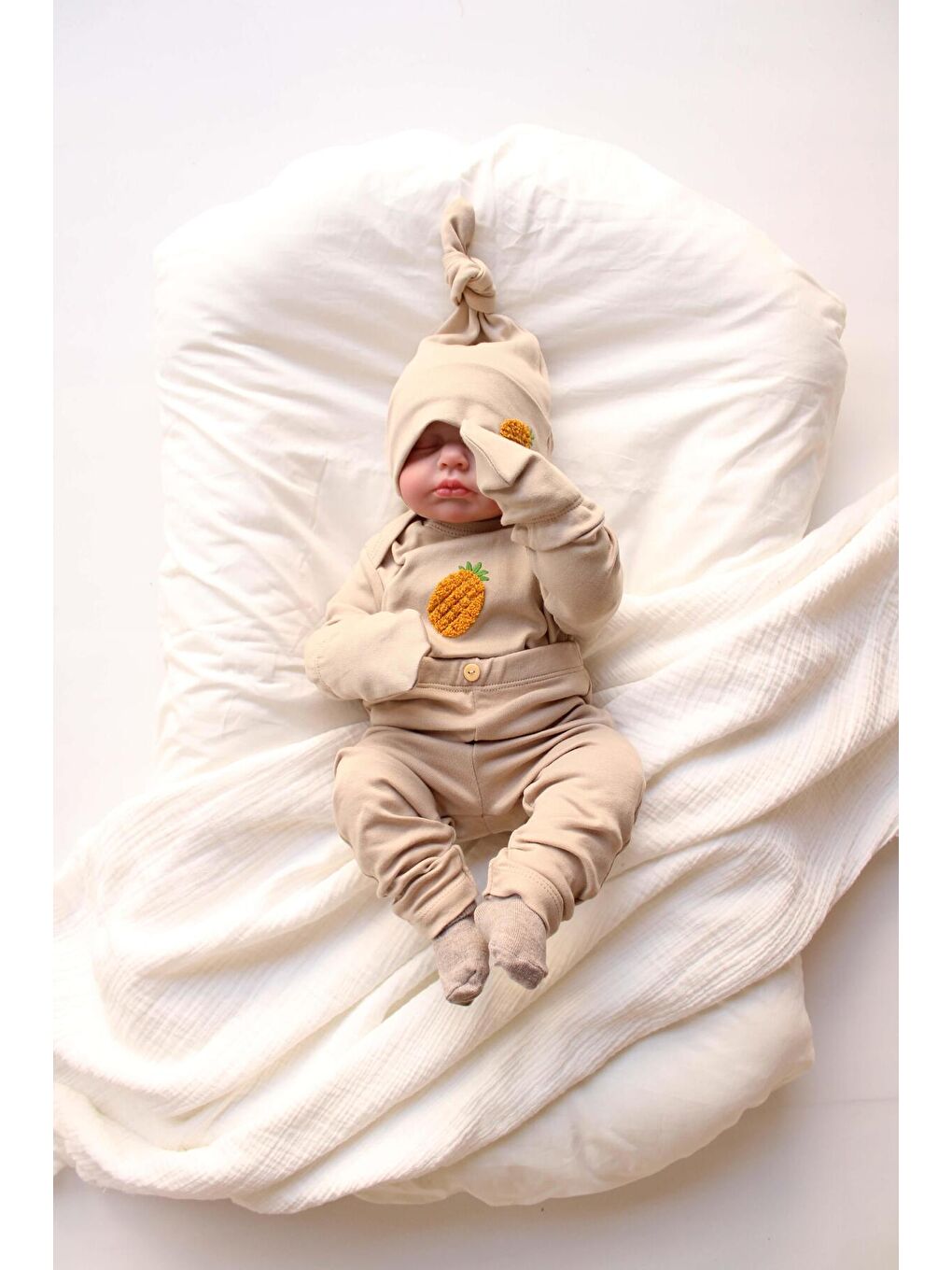Bej Ananas Nakışlı 5li Uzun Kollu Yenidoğan Set (0-3 Ay)-7
