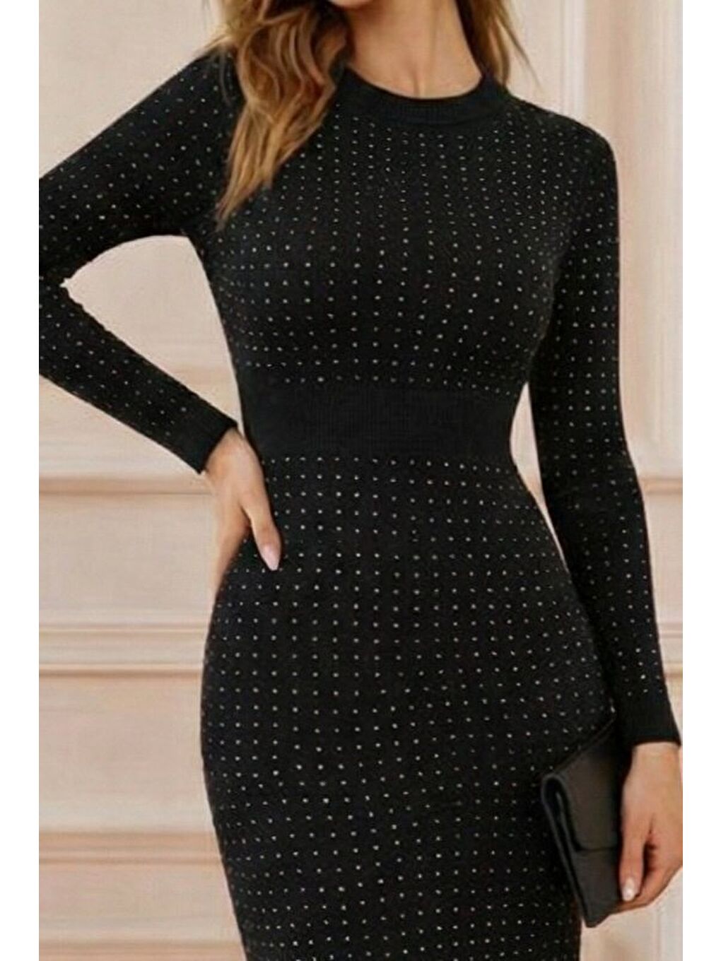 Siyah Kadın Uzun Kollu Bisiklet Yaka Taşlı Midi Kadife Elbise-1