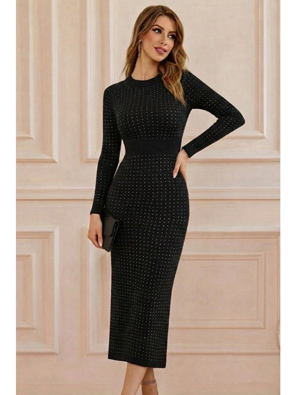 Siyah Kadın Uzun Kollu Bisiklet Yaka Taşlı Midi Kadife Elbise-2