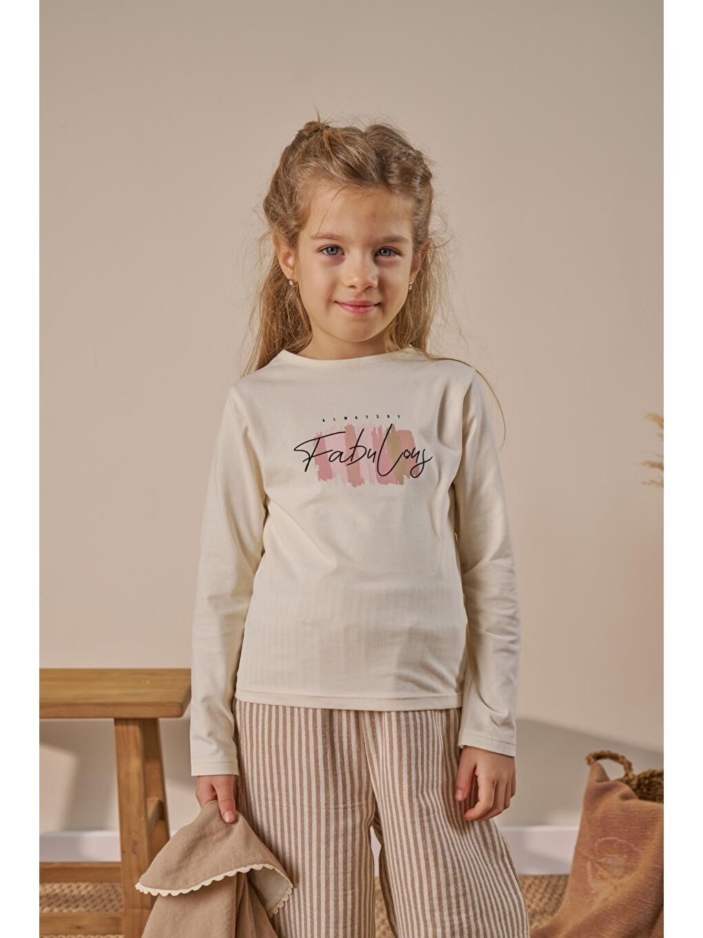 Lacivert Kız Çocuk Pamuklu Kahve Denizci Yakalı Bağcıklı Ceket Çizgili Pantolon Takım - Cep Detaylı-3