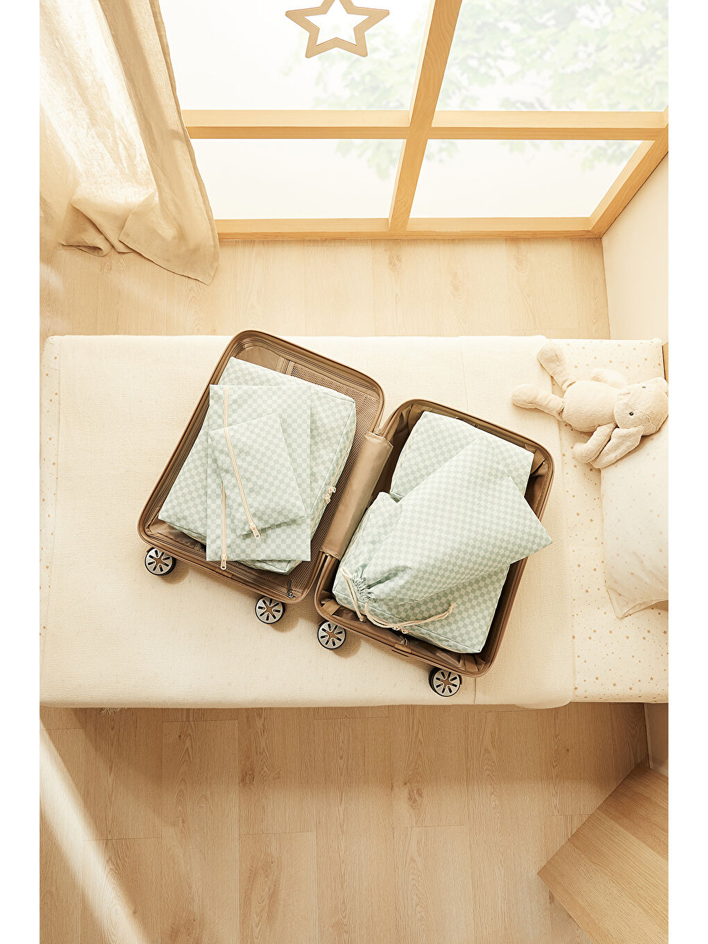 Yeşil 6'lı Mint Dama Desen Pamuklu Bavul İçi Düzenleyici Set-1