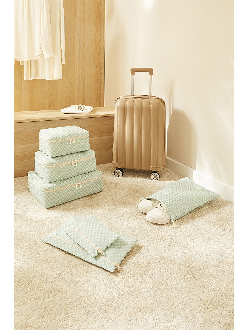 Yeşil 6'lı Mint Dama Desen Pamuklu Bavul İçi Düzenleyici Set-2