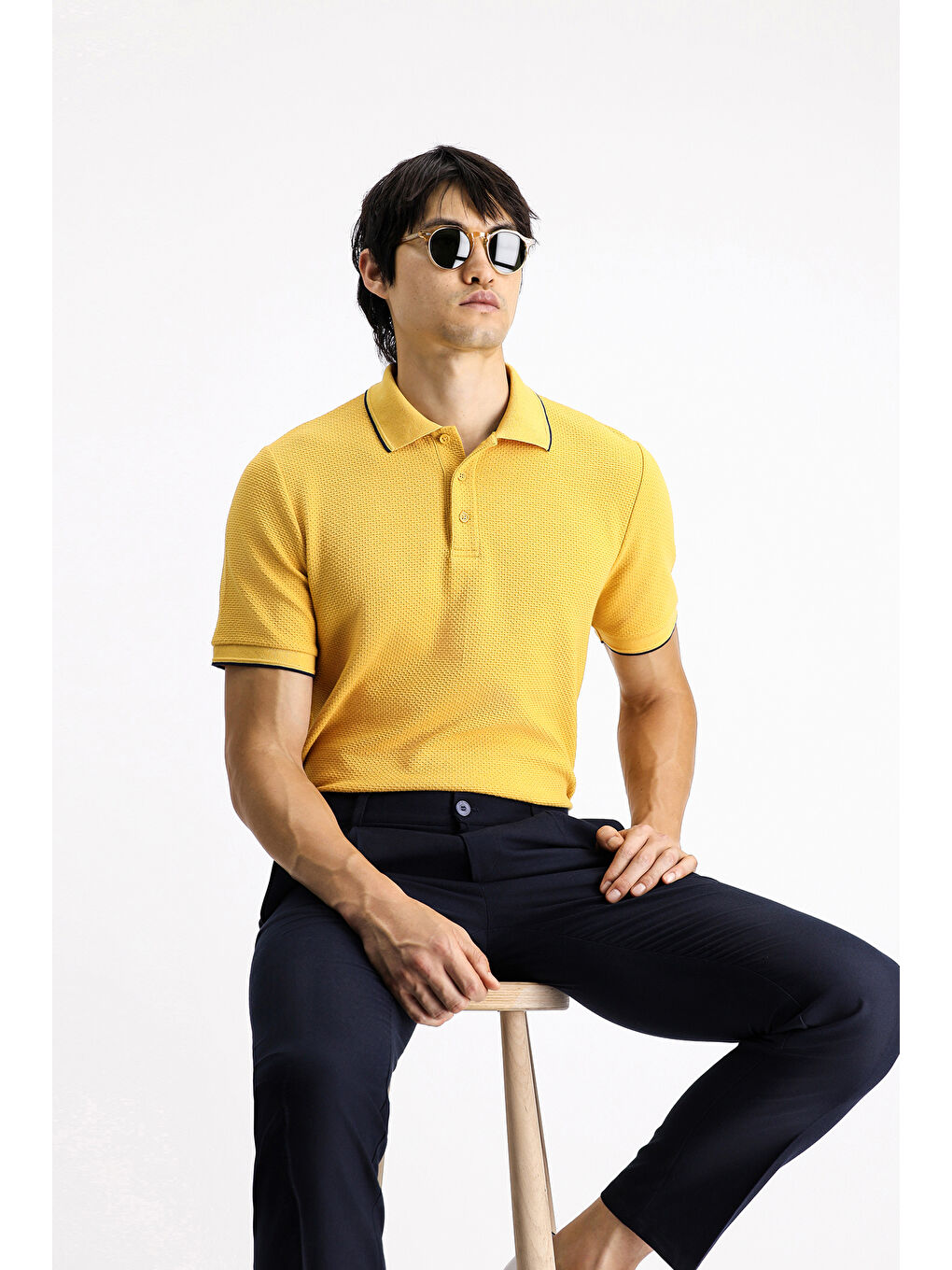 Sarı Regular Fit Desenli Elastanlı Polo Yaka Tişört