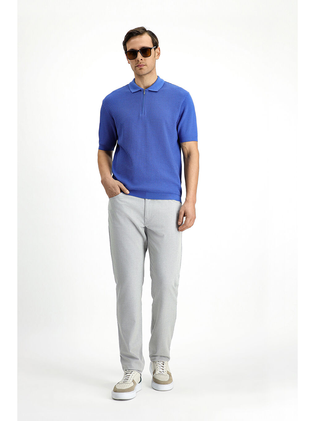 Mavi Slim Fit Dar Kesim Pamuk Desenli Fermuarlı Polo Yaka Tişört-1