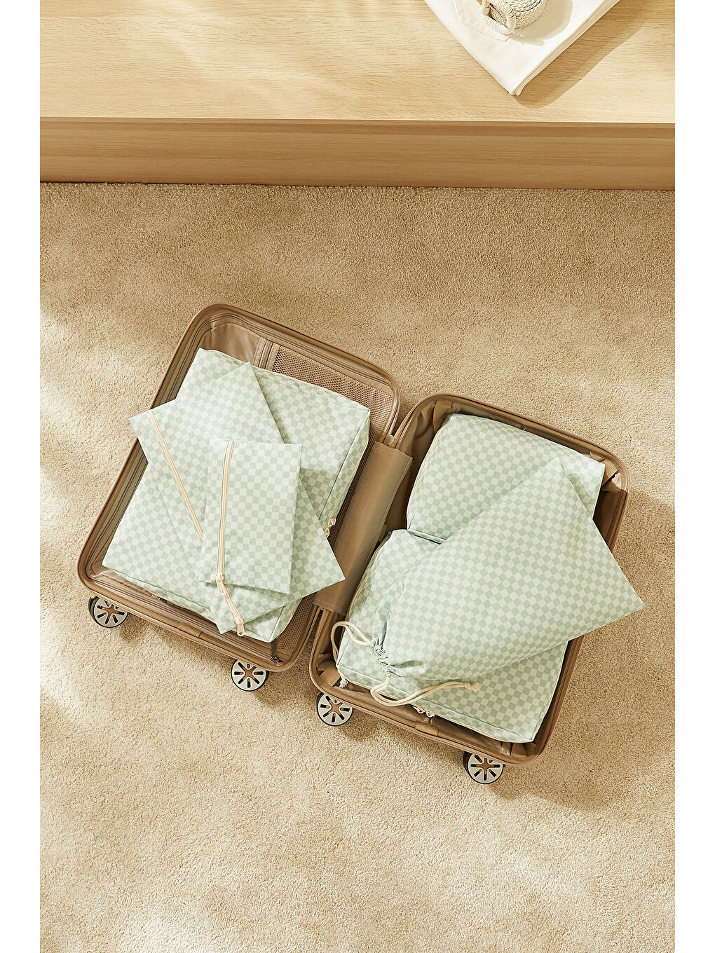 Yeşil 6'lı Mint Dama Desen Pamuklu Bavul İçi Düzenleyici Set-3