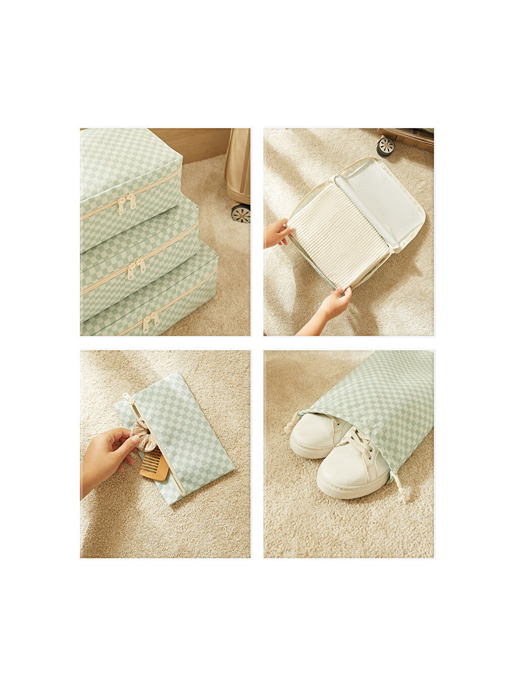 Yeşil 6'lı Mint Dama Desen Pamuklu Bavul İçi Düzenleyici Set-4