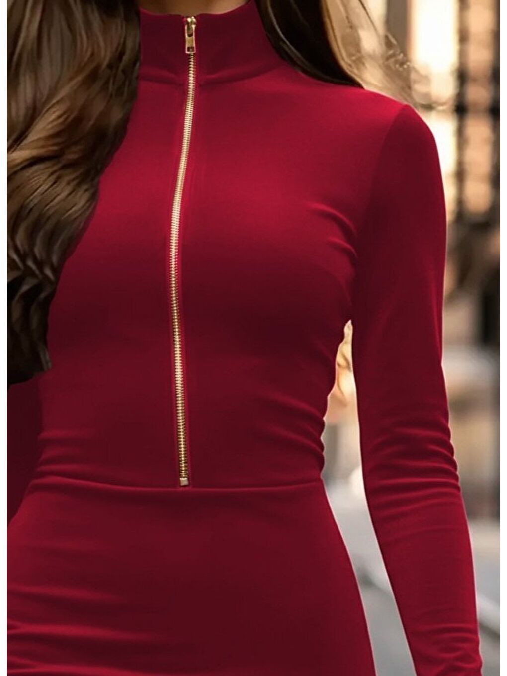 Kırmızı Kadın Uzun Kollu Balıkçı Yaka Yakadan Göğüse Kadar Fermuar Detaylı Mini Kadife Elbise-1