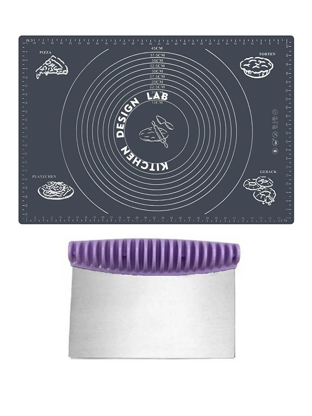 Antrasit 2'li Set Gri 45x65 cm Silikon Hamur Açma Matı ve Çelik Spatula Hamur Kesici