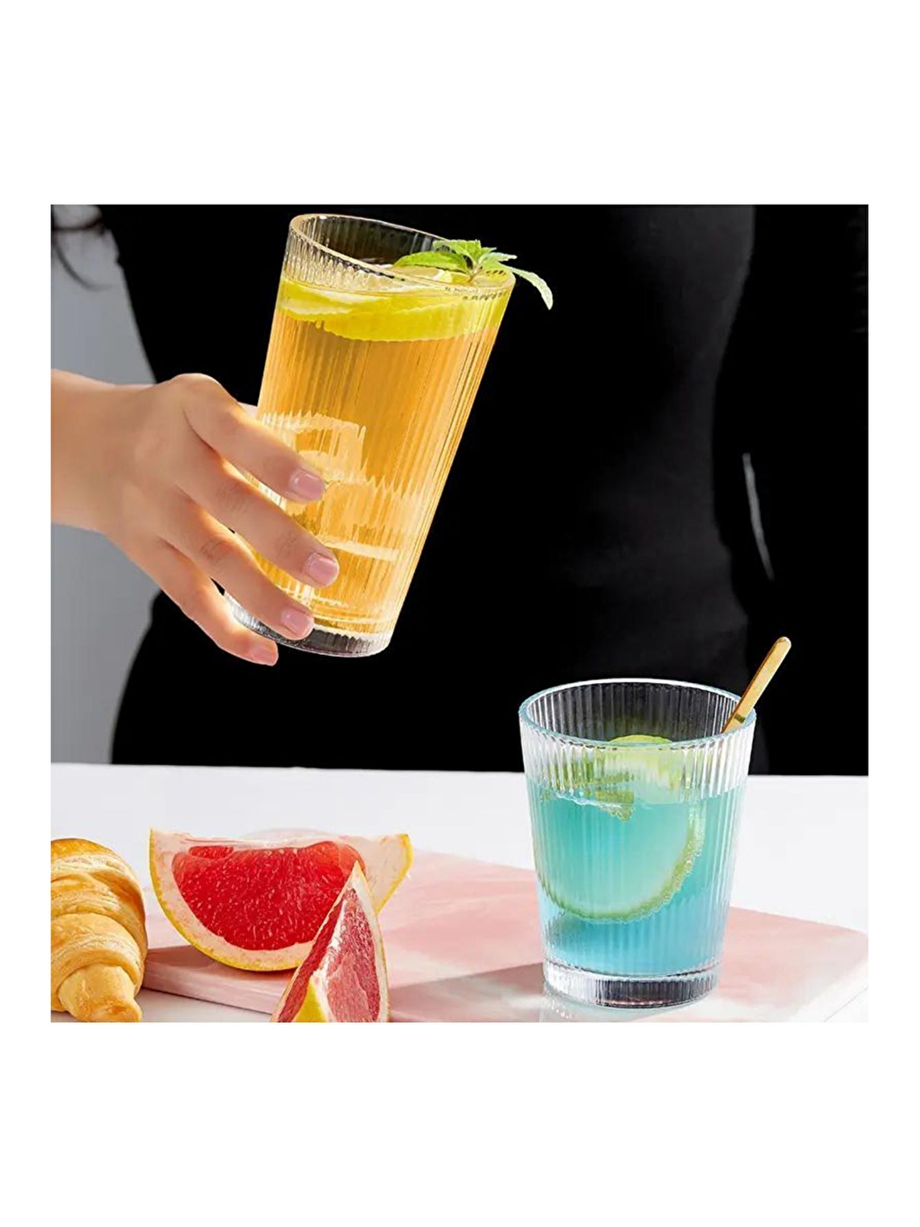 Renksiz Cam Çizgili Bardak 300 ml - 4 Adet - 2440-3