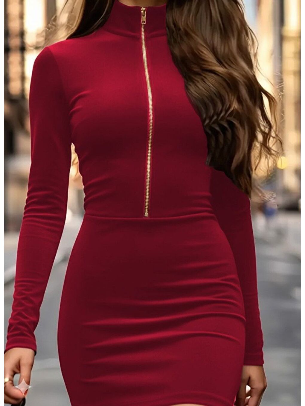 Kırmızı Kadın Uzun Kollu Balıkçı Yaka Yakadan Göğüse Kadar Fermuar Detaylı Mini Kadife Elbise-2