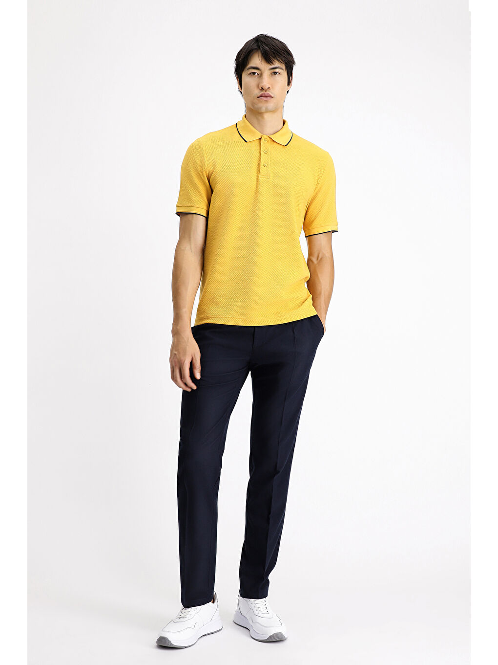 Sarı Regular Fit Desenli Elastanlı Polo Yaka Tişört-1